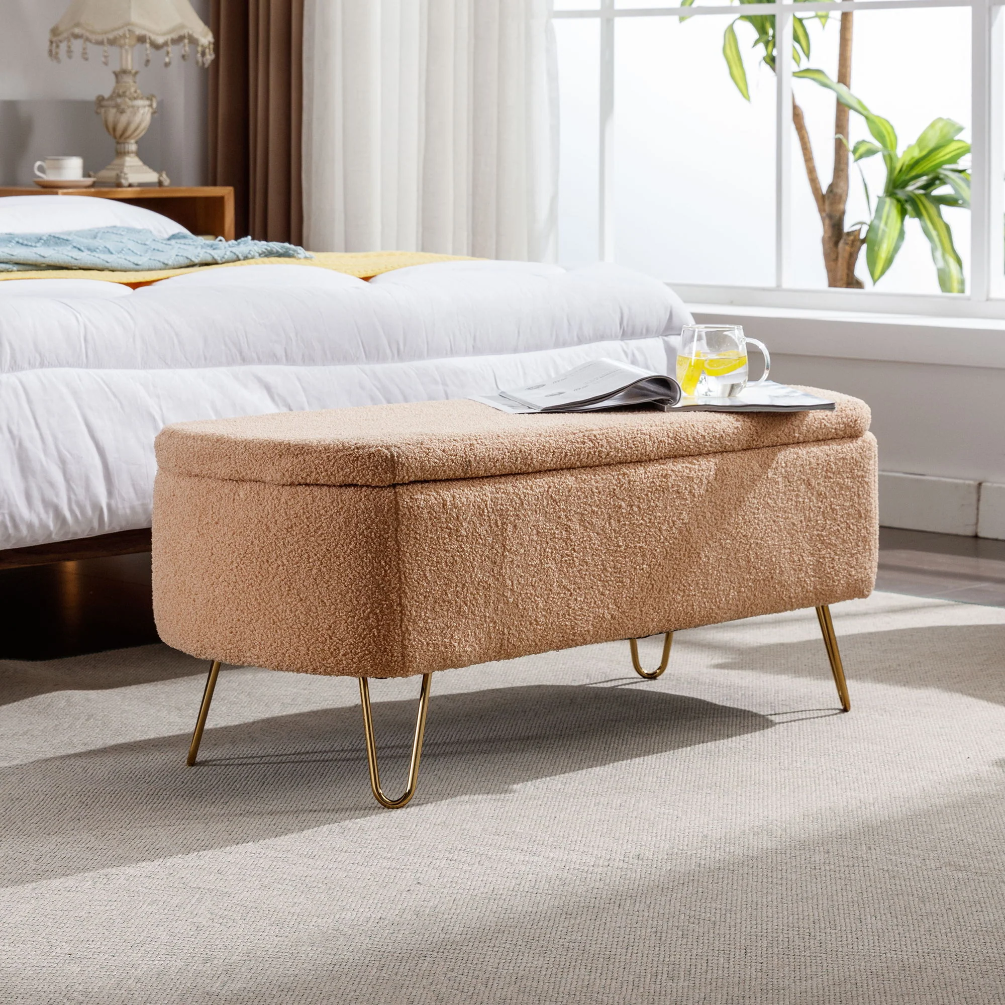 Storage Ottoman Bench For End Of Bed Legs, Modern Camel Faux Fur Entryway Bench Upholstered Padded With Storage For Living Room Bedroom - Image 6