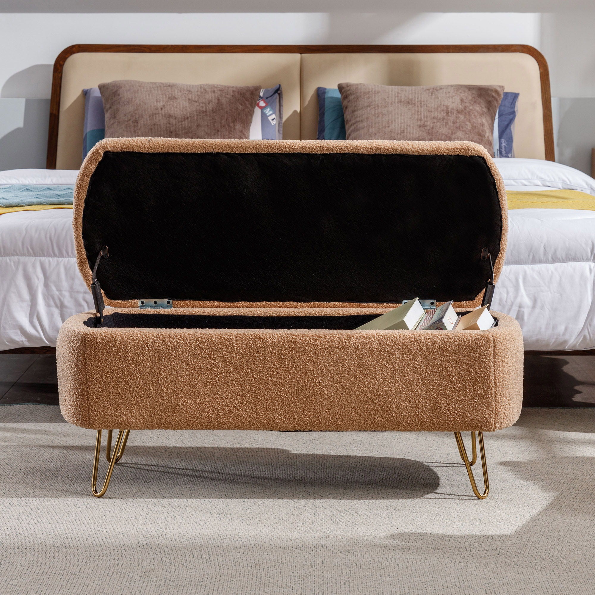 Storage Ottoman Bench For End Of Bed Legs, Modern Camel Faux Fur Entryway Bench Upholstered Padded With Storage For Living Room Bedroom - Image 8