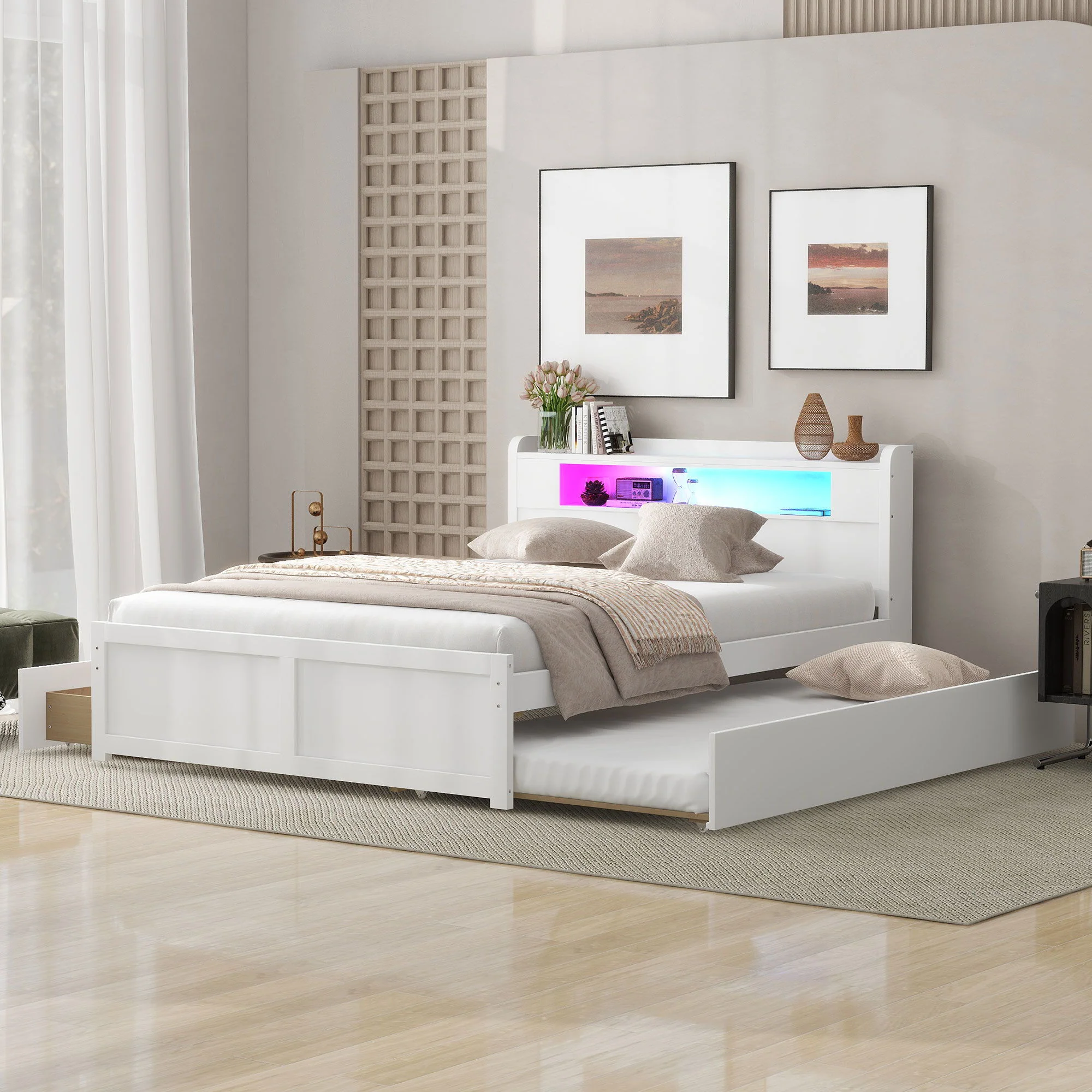 Storage Platform Bed With LED Lights, 2 Drawers And Trundle - Image 18
