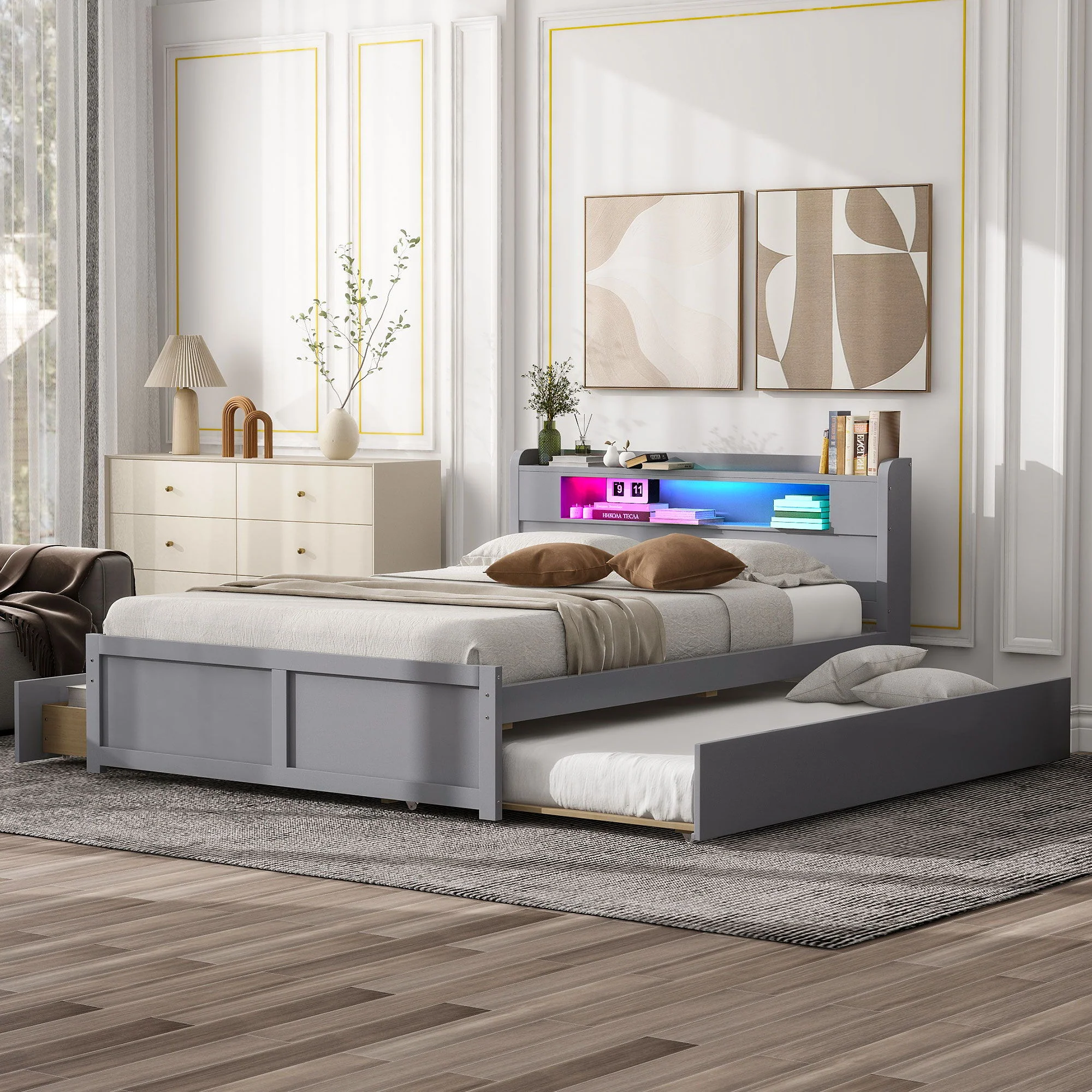 Storage Platform Bed With LED Lights, 2 Drawers And Trundle - Image 5