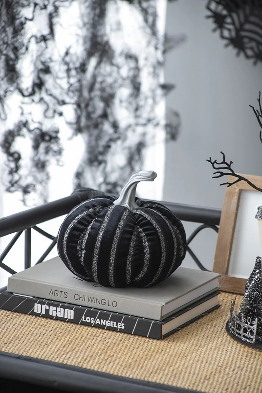 Stripe Pumpkin Decor, For Holiday Halloween Decoration - Black / White - Image 5
