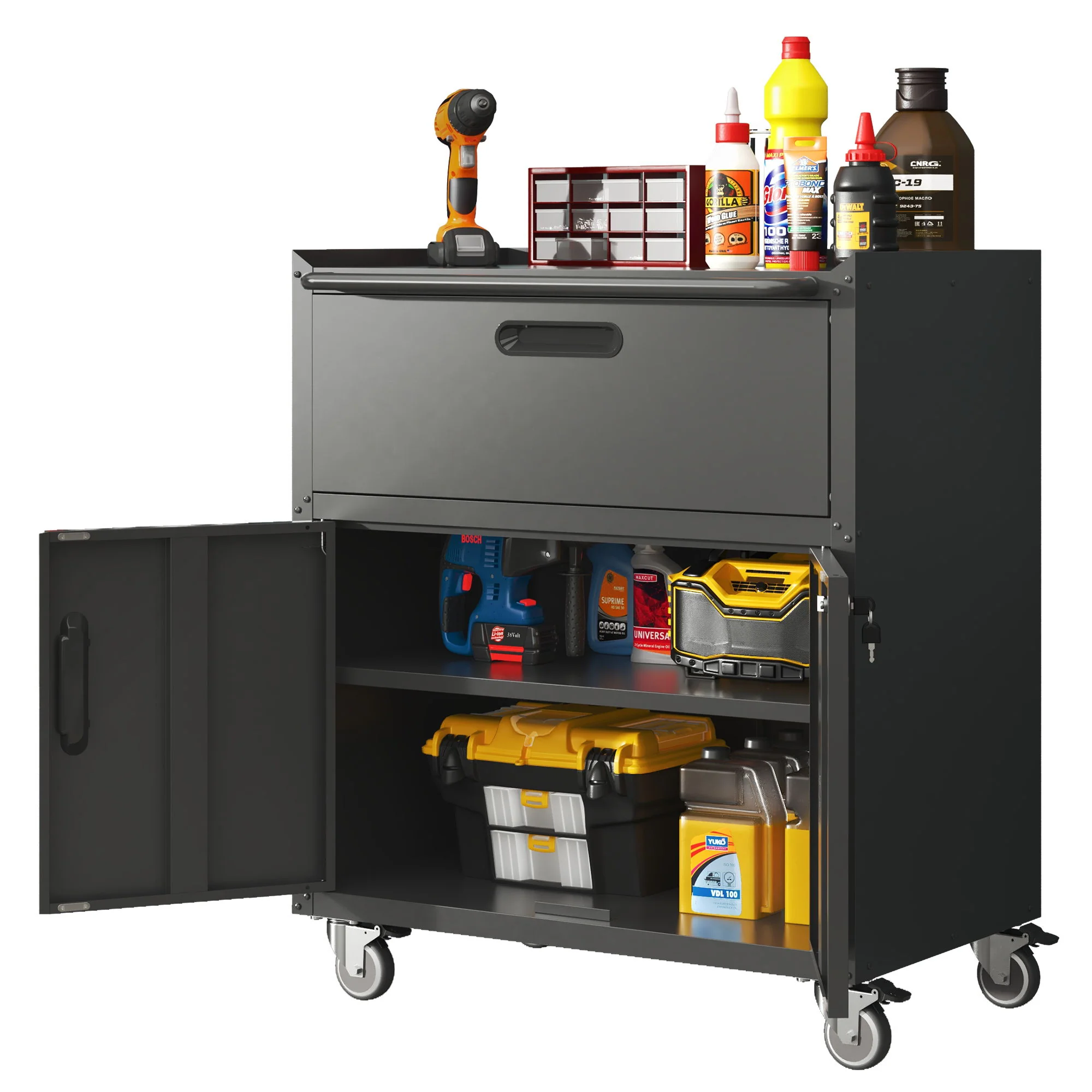 Sturdy And Durable Metal Tool Cabinet For Garage With Wheels Mobile Heavy Duty Storage Cabinet With 1 Drawer And 2 Locking Doors - Image 11