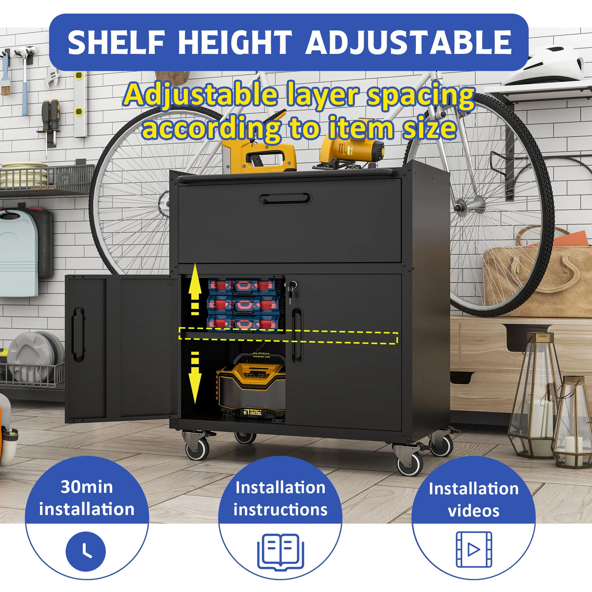Sturdy And Durable Metal Tool Cabinet For Garage With Wheels Mobile Heavy Duty Storage Cabinet With 1 Drawer And 2 Locking Doors - Image 15