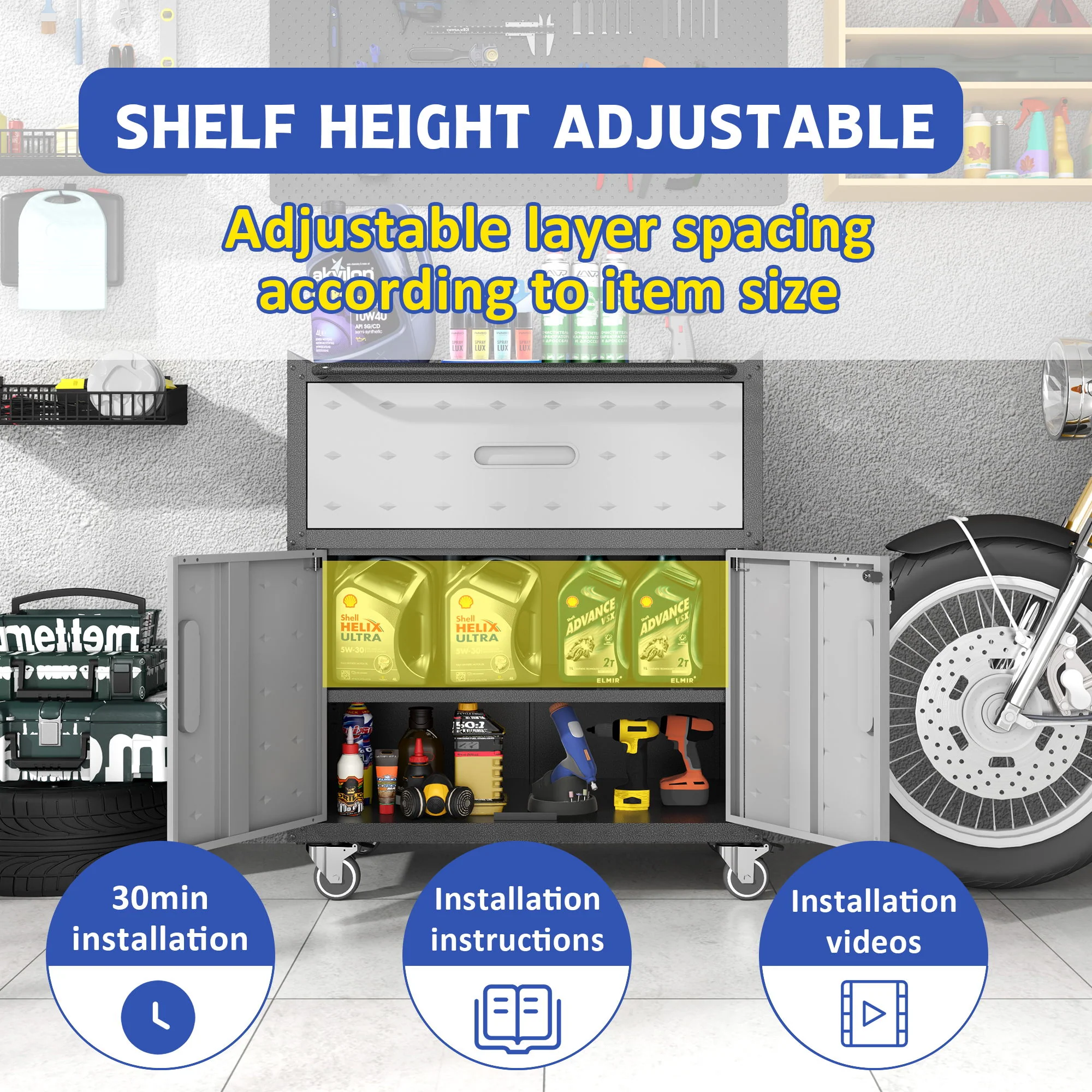 Sturdy And Durable Metal Tool Cabinet For Garage With Wheels Mobile Heavy Duty Storage Cabinet With 1 Drawer And 2 Locking Doors - Image 16