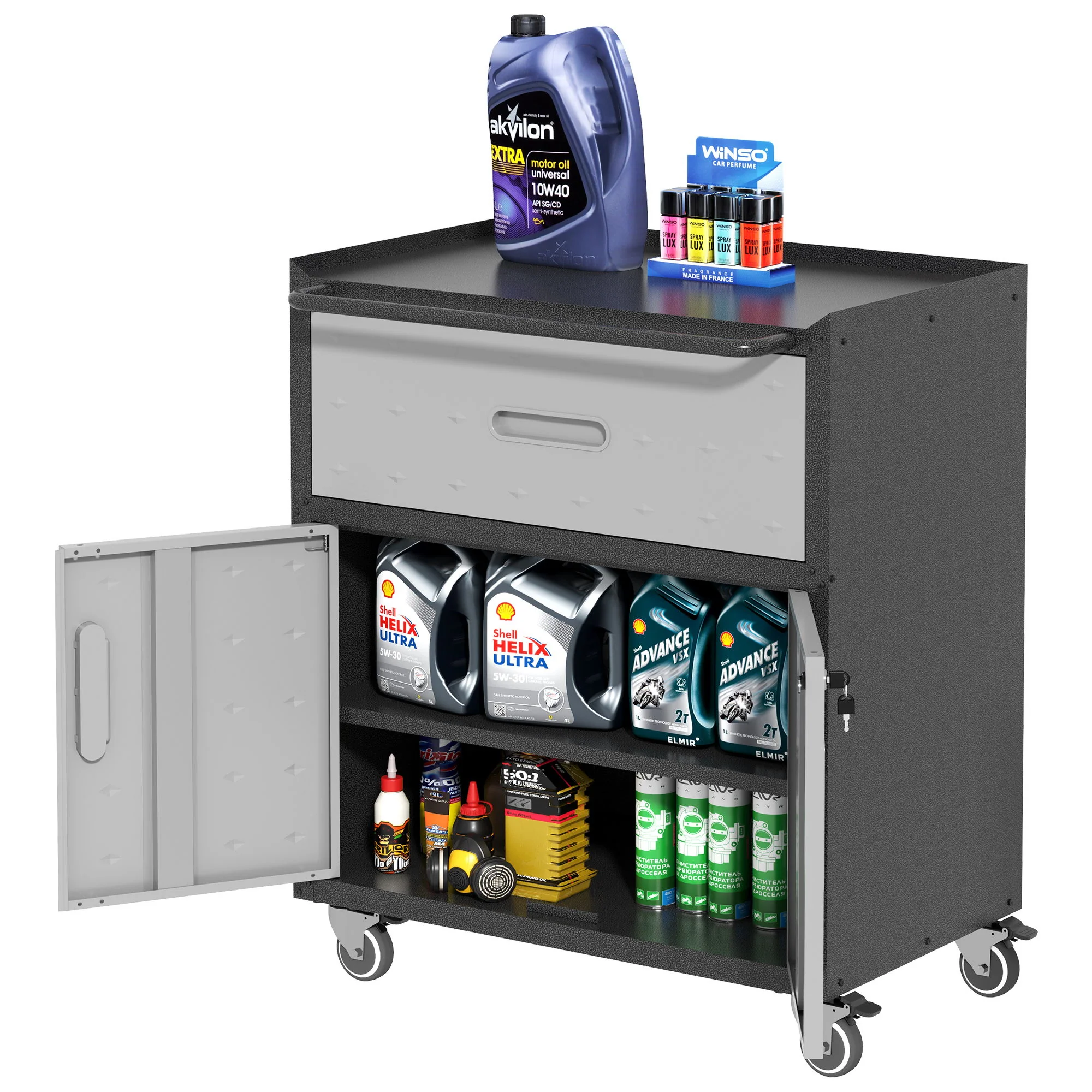 Sturdy And Durable Metal Tool Cabinet For Garage With Wheels Mobile Heavy Duty Storage Cabinet With 1 Drawer And 2 Locking Doors - Image 17