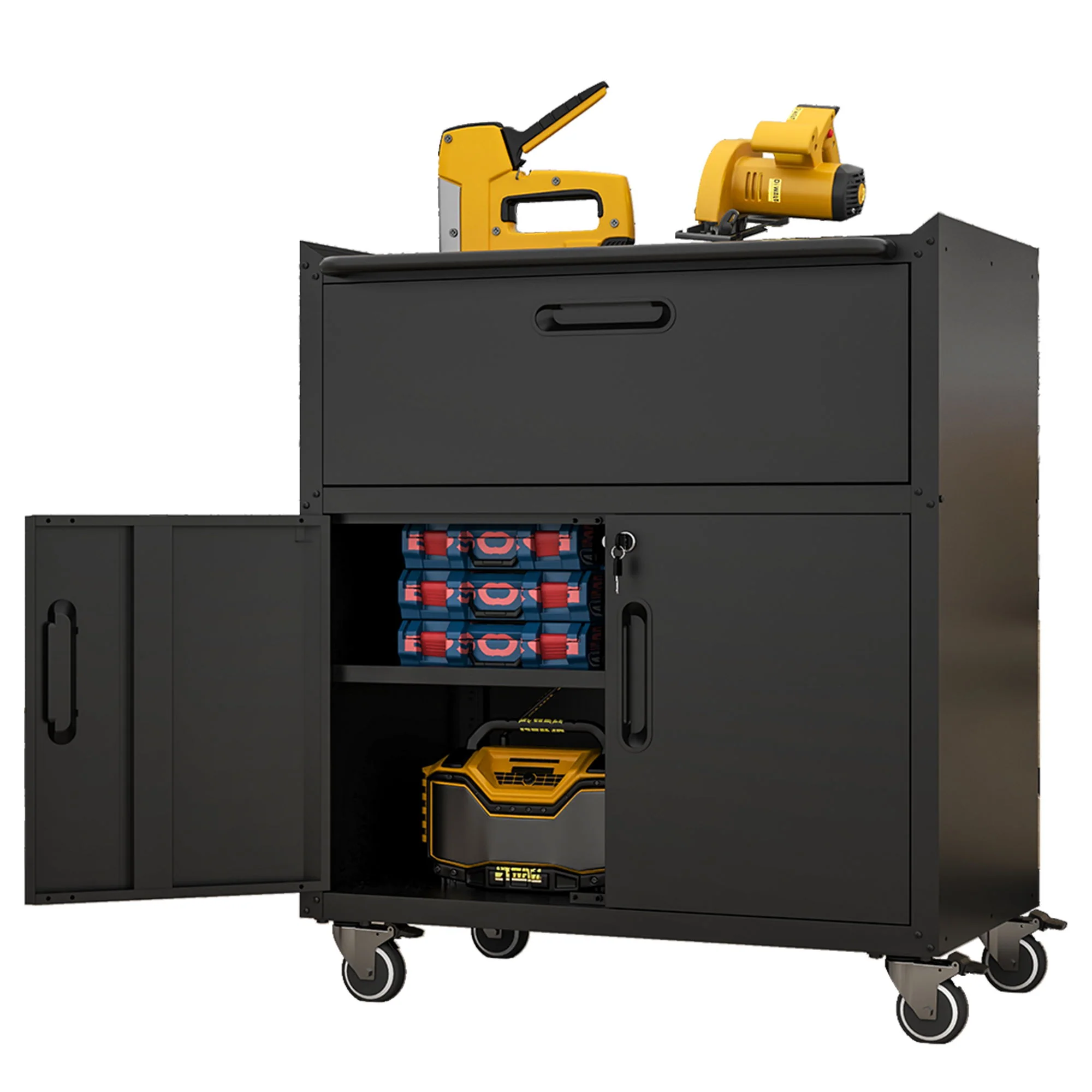 Sturdy And Durable Metal Tool Cabinet For Garage With Wheels Mobile Heavy Duty Storage Cabinet With 1 Drawer And 2 Locking Doors - Image 18
