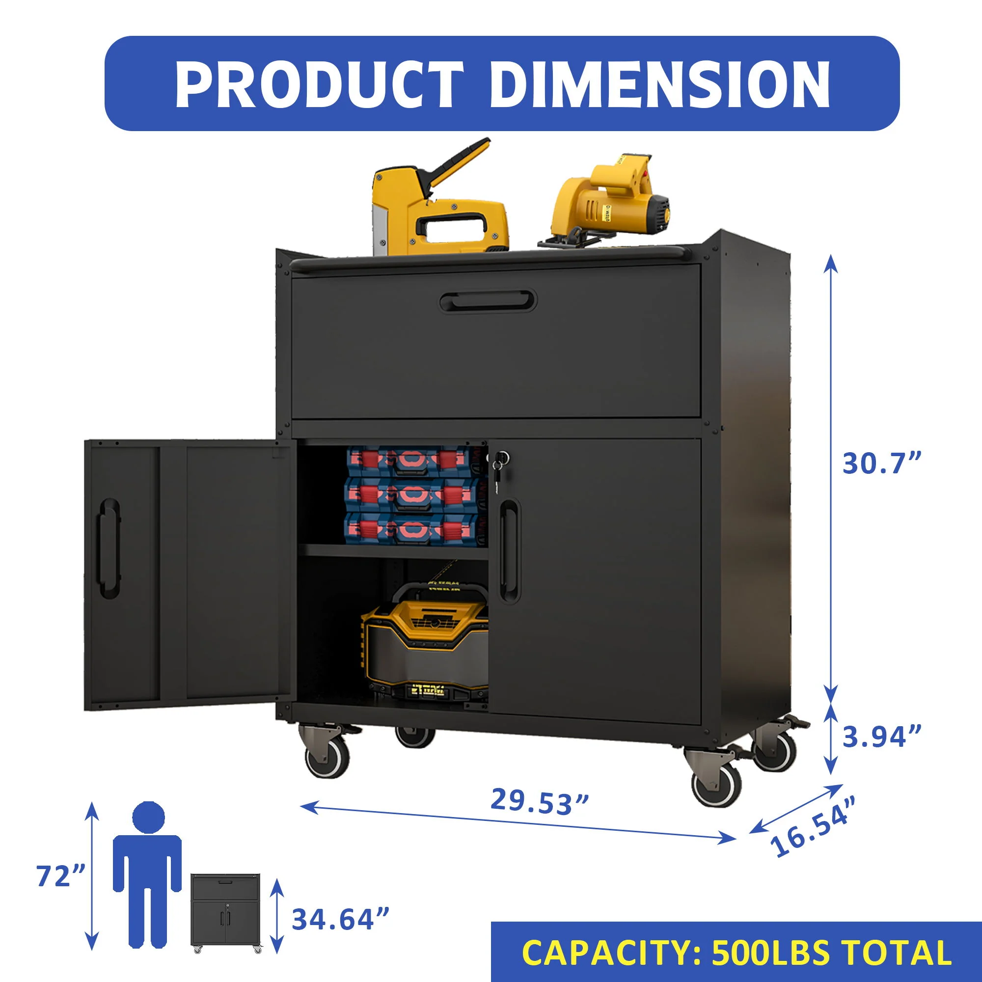 Sturdy And Durable Metal Tool Cabinet For Garage With Wheels Mobile Heavy Duty Storage Cabinet With 1 Drawer And 2 Locking Doors - Image 3