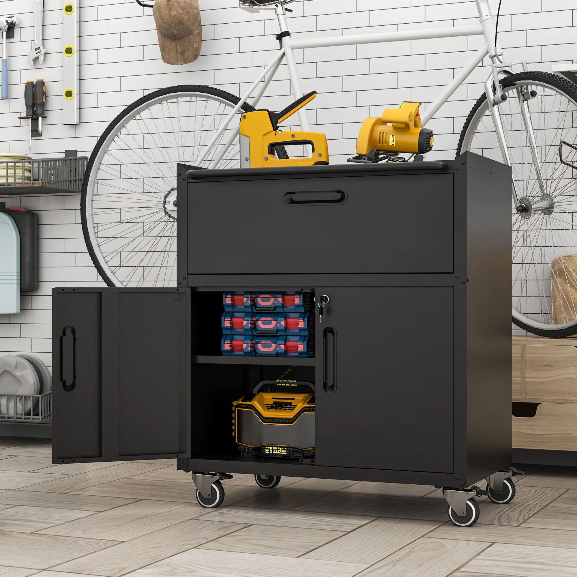 Sturdy And Durable Metal Tool Cabinet For Garage With Wheels Mobile Heavy Duty Storage Cabinet With 1 Drawer And 2 Locking Doors - Image 4