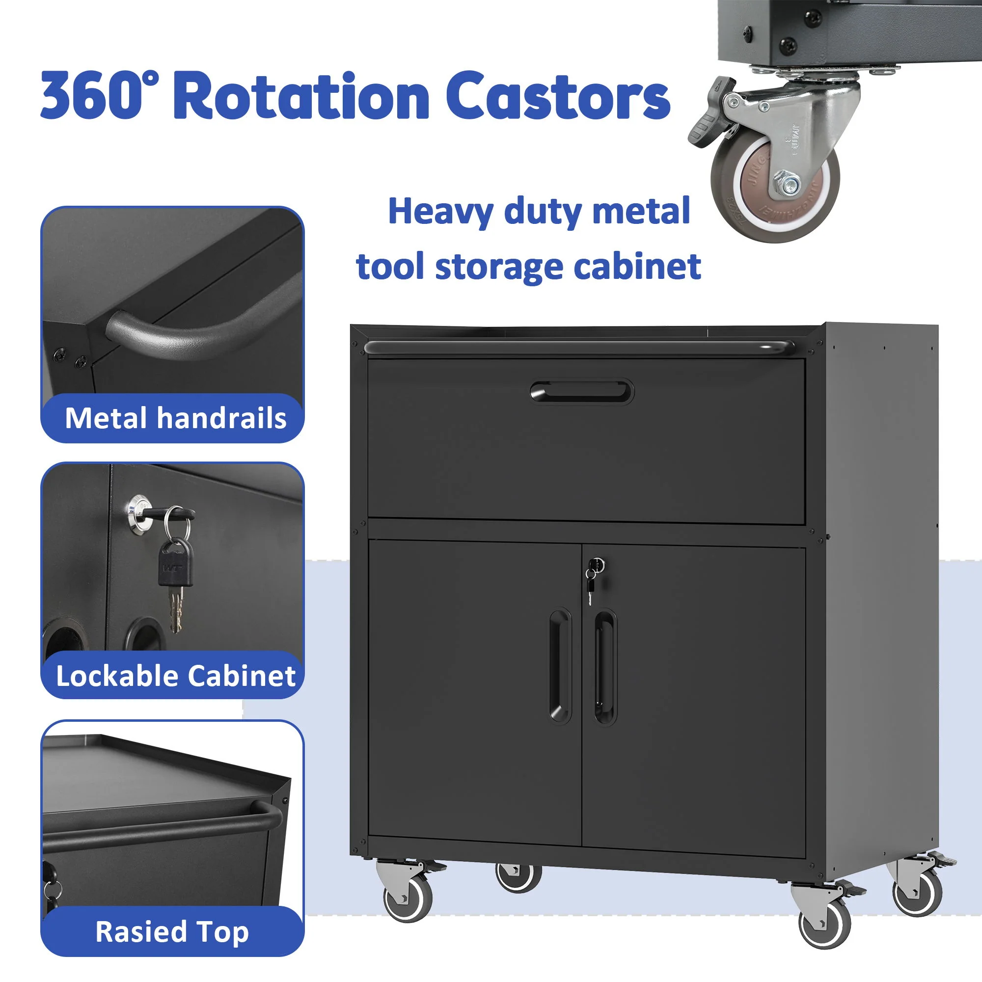 Sturdy And Durable Metal Tool Cabinet For Garage With Wheels Mobile Heavy Duty Storage Cabinet With 1 Drawer And 2 Locking Doors - Image 5