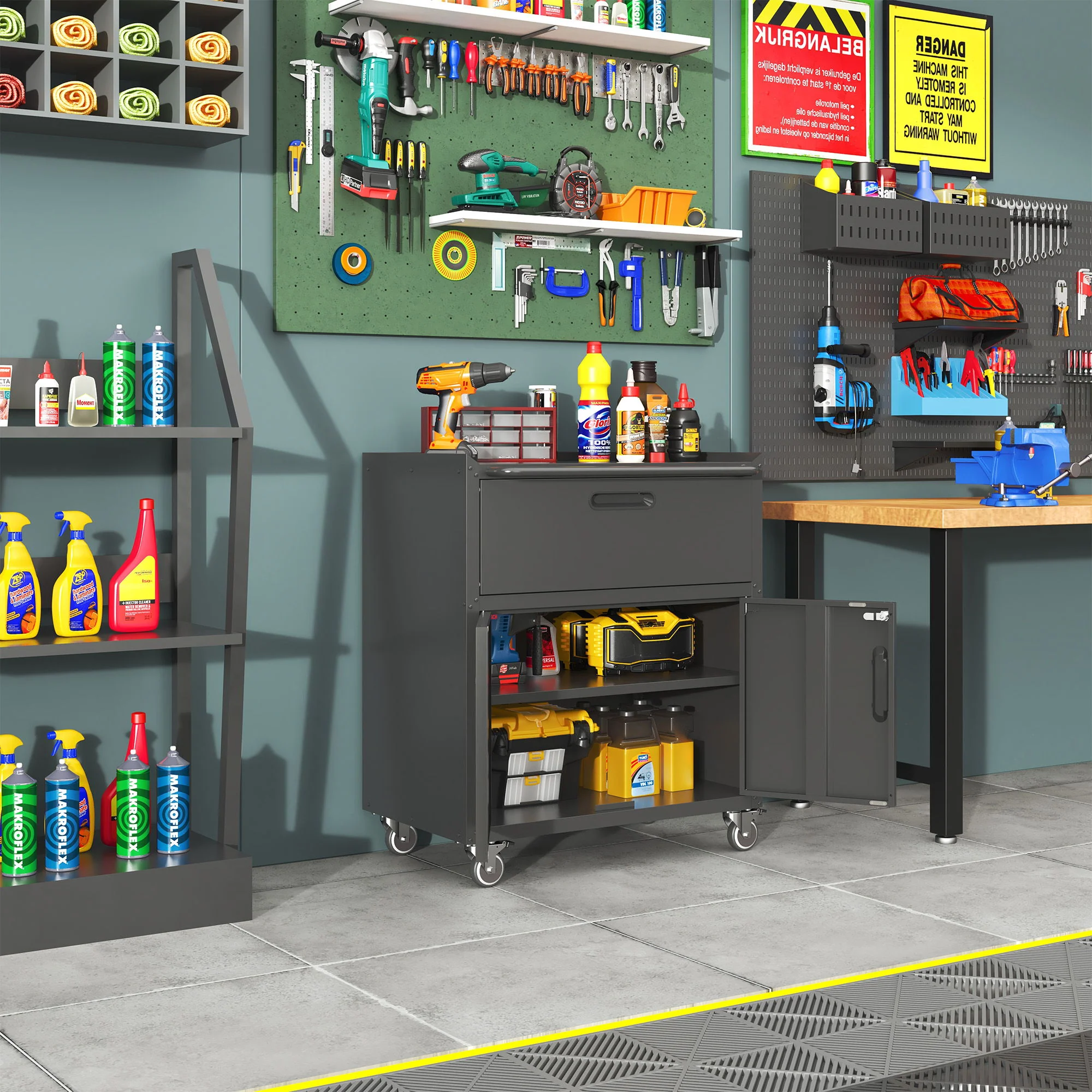 Sturdy And Durable Metal Tool Cabinet For Garage With Wheels Mobile Heavy Duty Storage Cabinet With 1 Drawer And 2 Locking Doors - Image 6