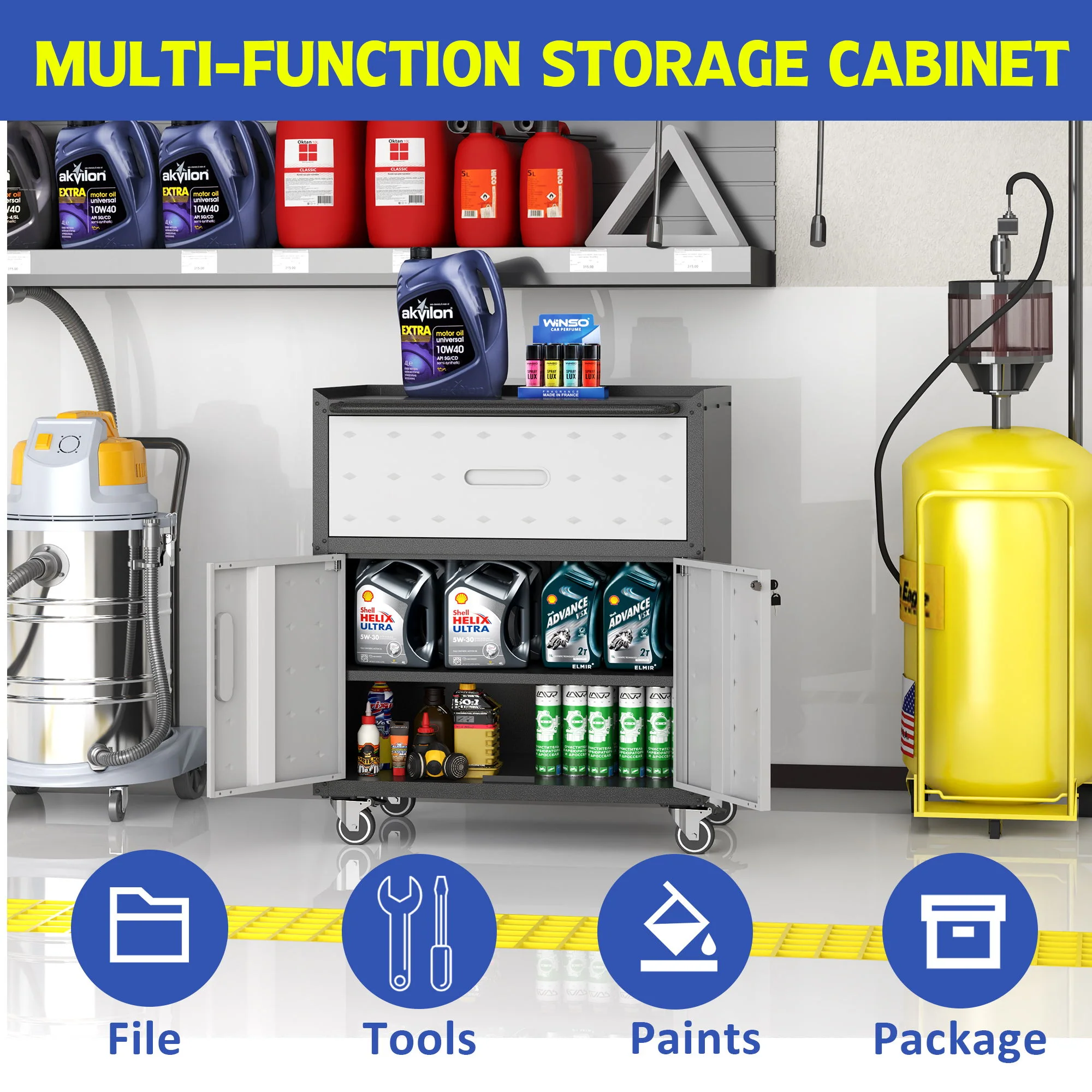 Sturdy And Durable Metal Tool Cabinet For Garage With Wheels Mobile Heavy Duty Storage Cabinet With 1 Drawer And 2 Locking Doors - Image 9
