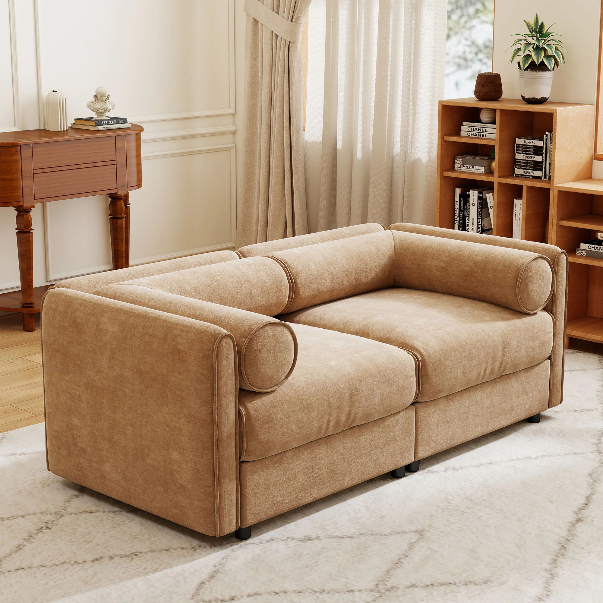 Stylish Sofa With Storage Seat And Cylindrical Backrest - Image 52