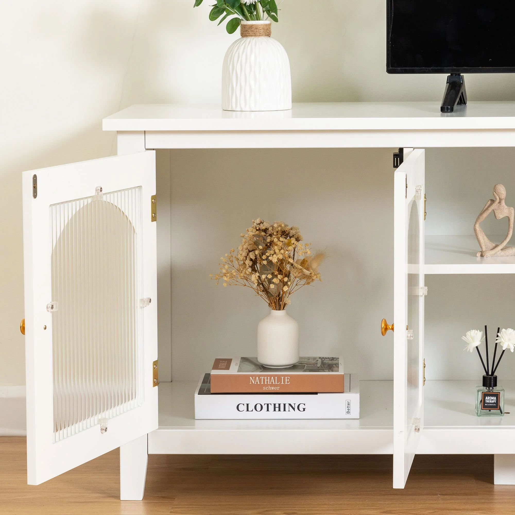 StylishTVcabinet Entertainment CenterTV Stand, TVconsoletable, Media Console, Solidwood Frame, Changhong Glass Door, Metal Handle - Image 15