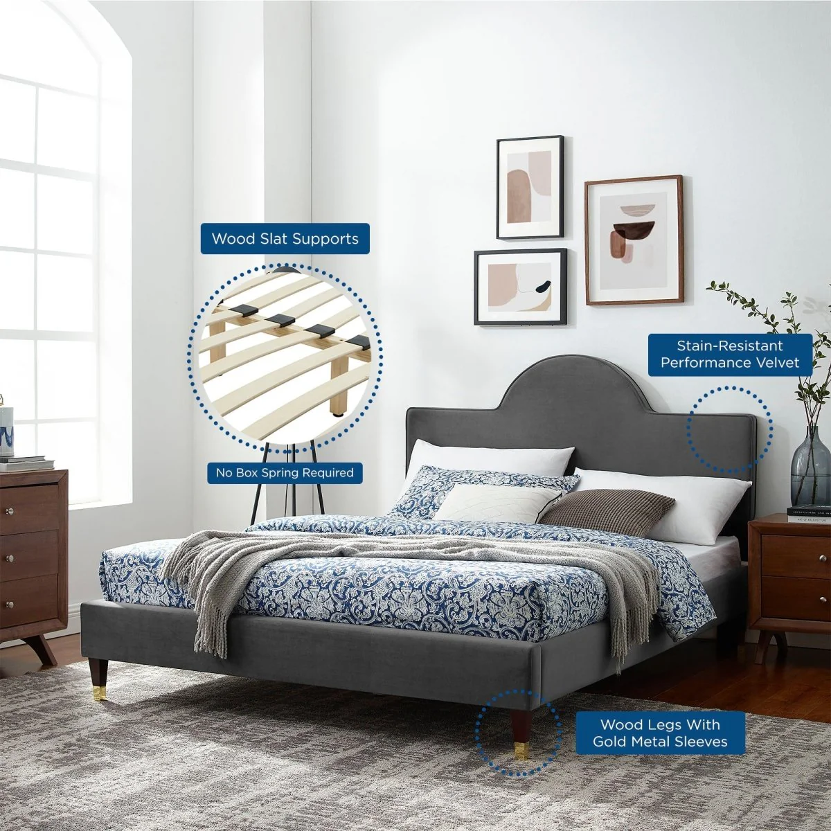 Sunrise Arch Performance Velvet Platform Bed with Gold Detail - Image 18
