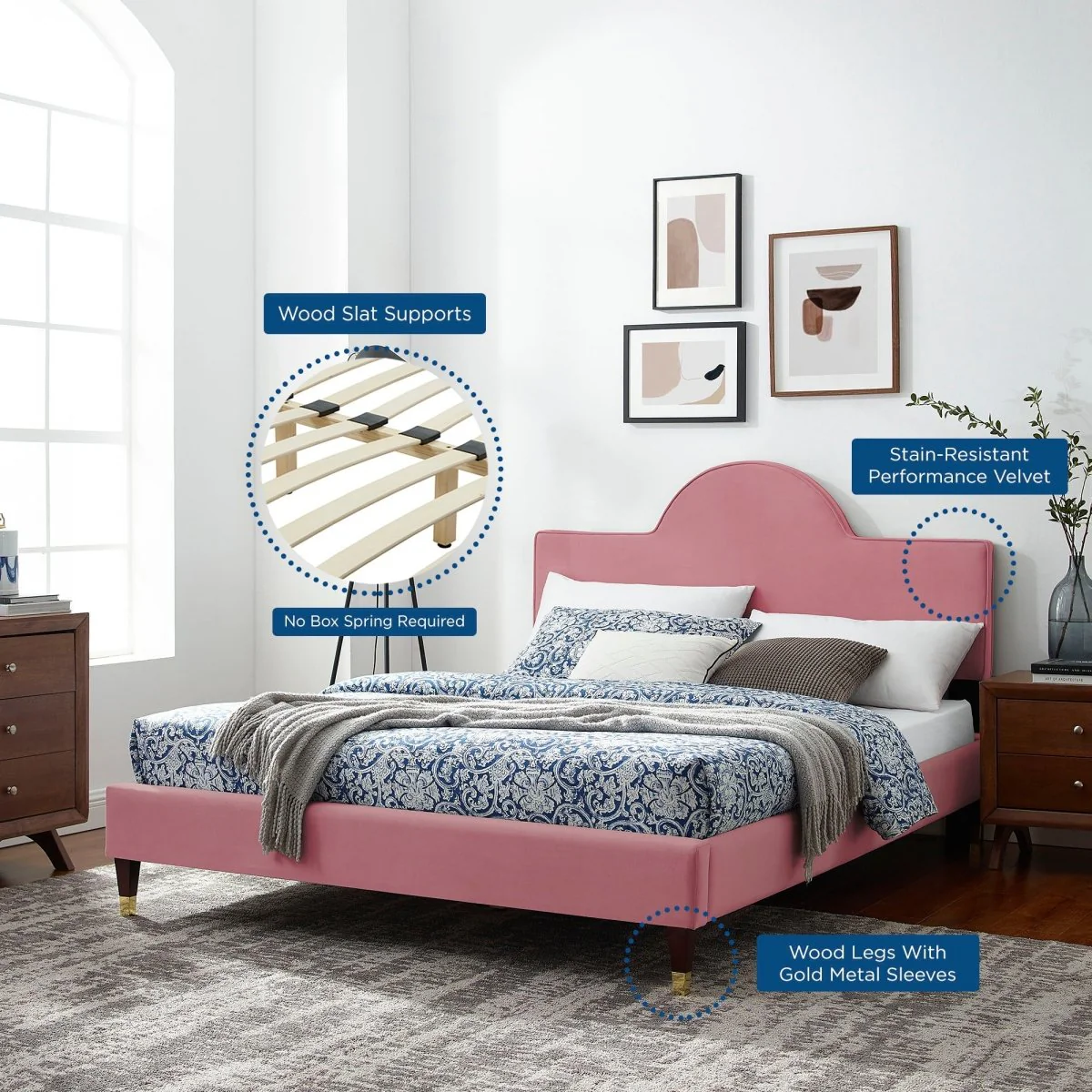 Sunrise Arch Performance Velvet Platform Bed with Gold Detail - Image 23