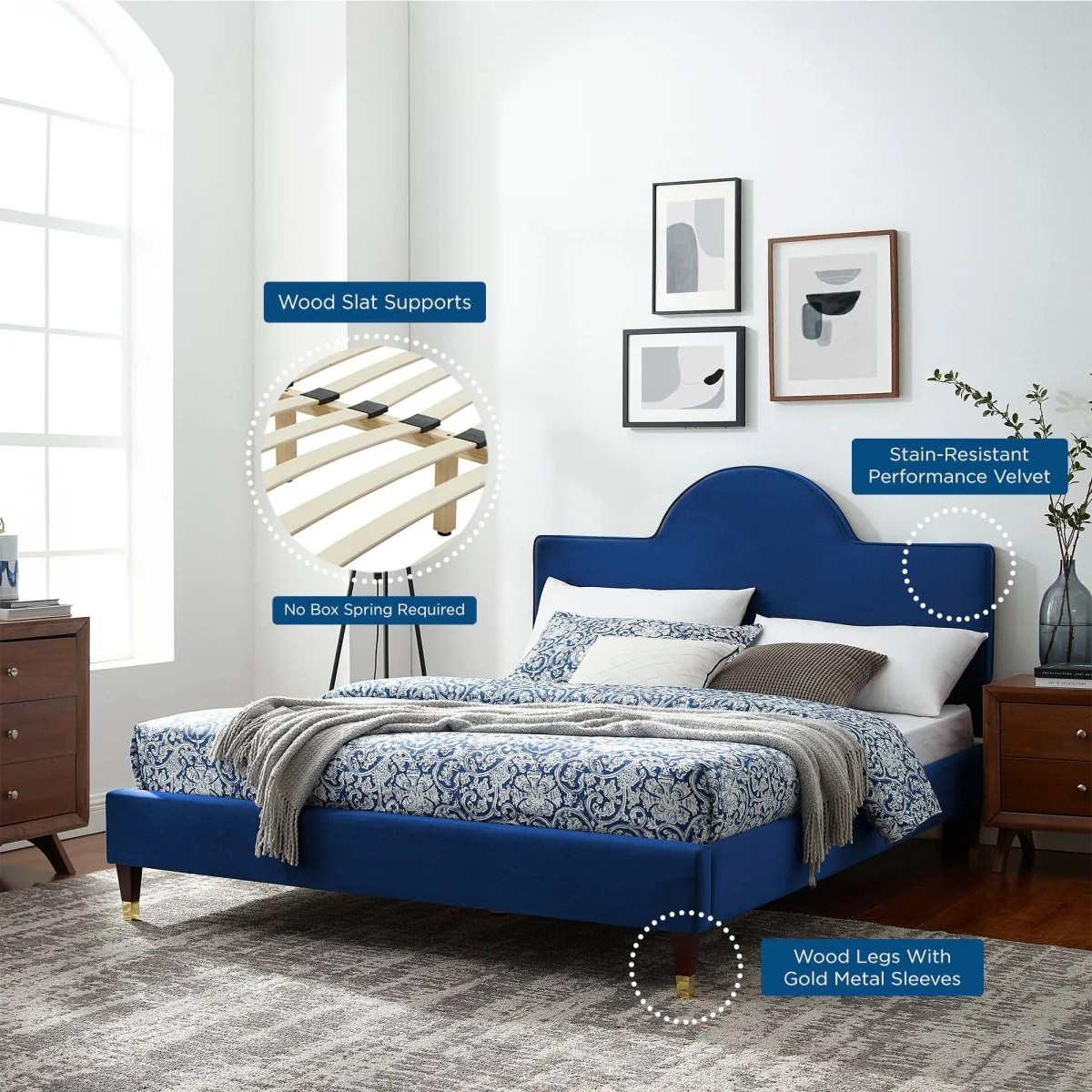 Sunrise Arch Performance Velvet Platform Bed with Gold Detail - Image 3
