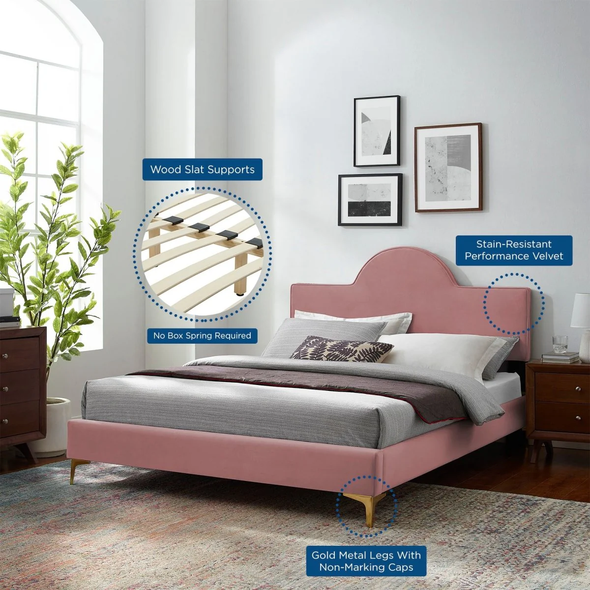 Sunrise Arch Performance Velvet Platform Bed with Gold Metal Legs - Image 3