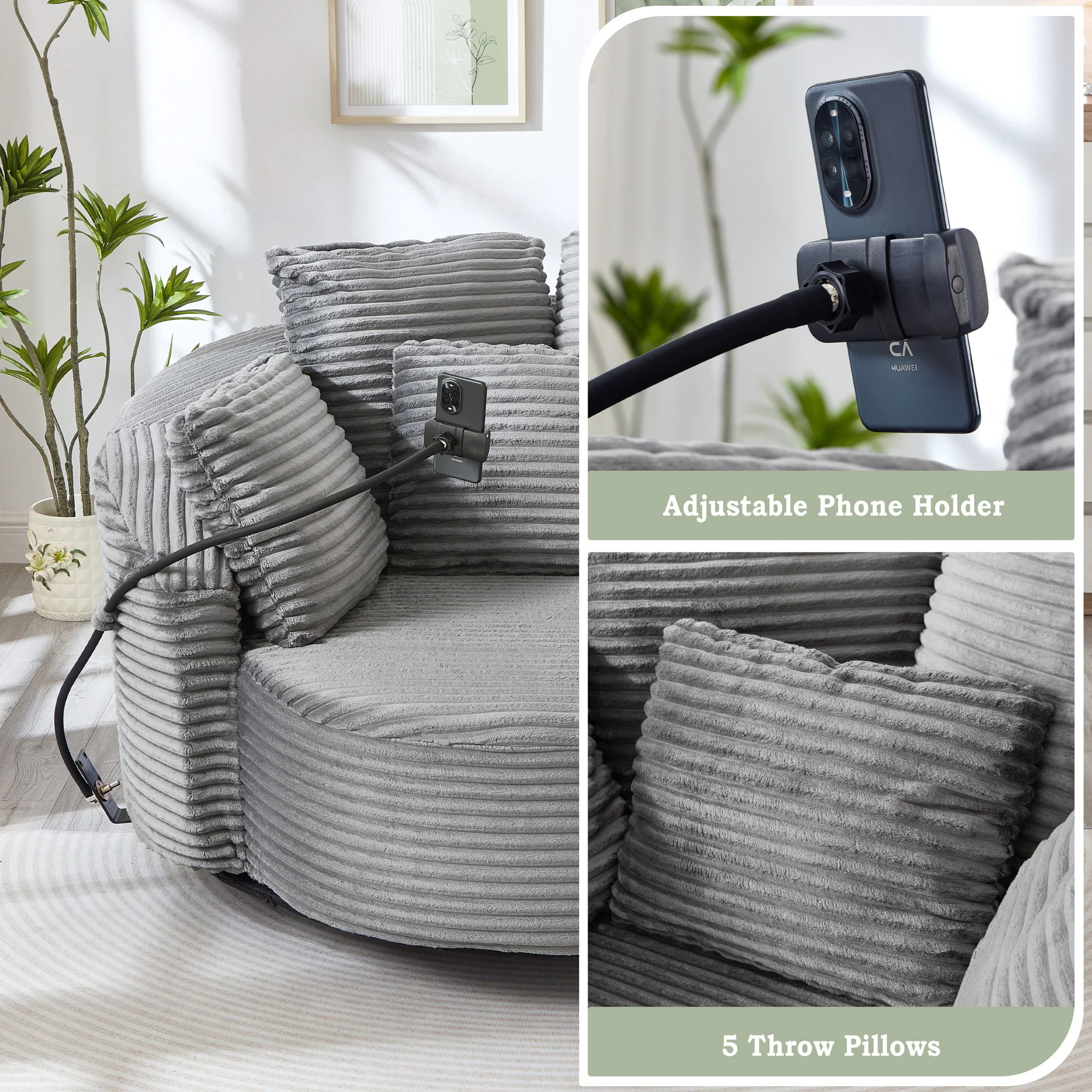 Swivel Accent Barrel Chair With Adjustable Phone Holder, 5 Pillows For Living Room - Image 14