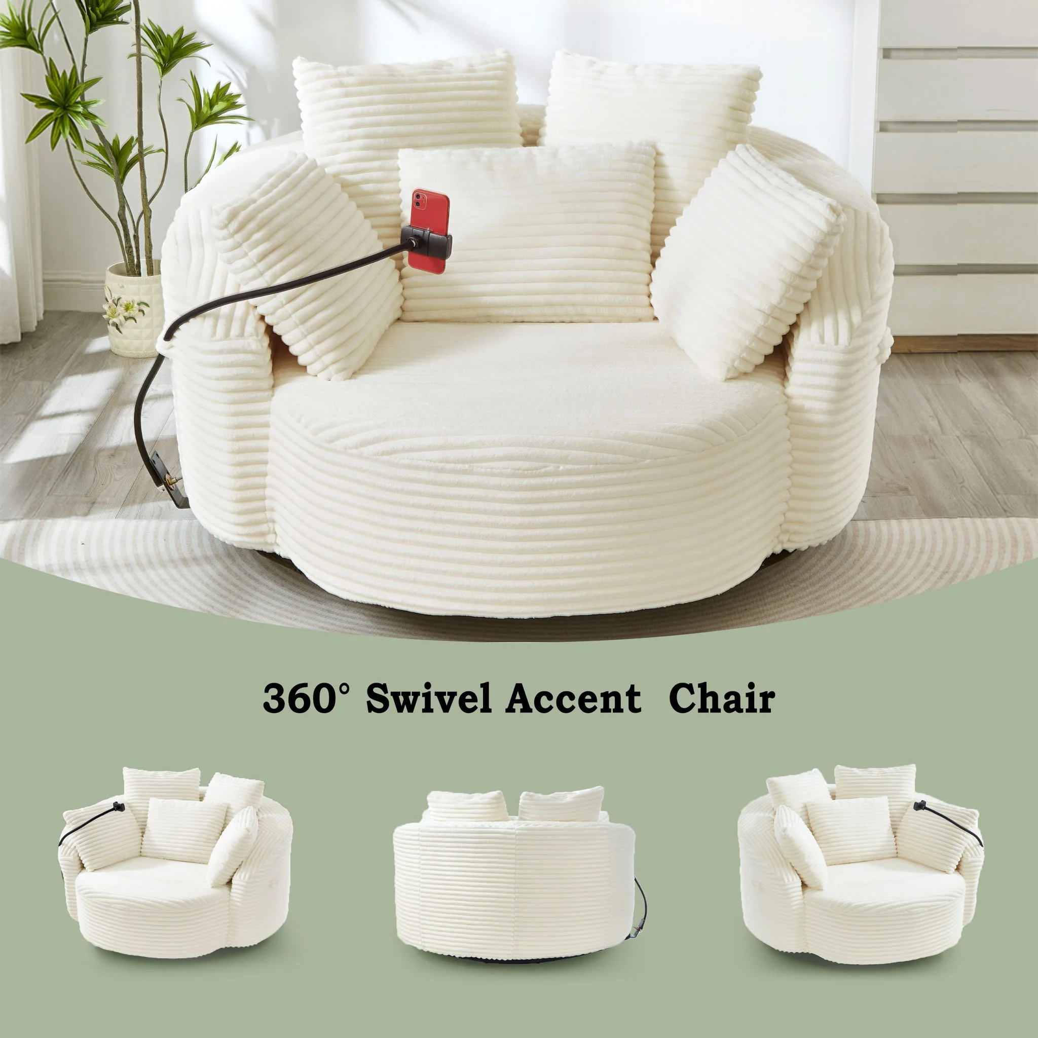 Swivel Accent Barrel Chair With Adjustable Phone Holder, 5 Pillows For Living Room - Image 18
