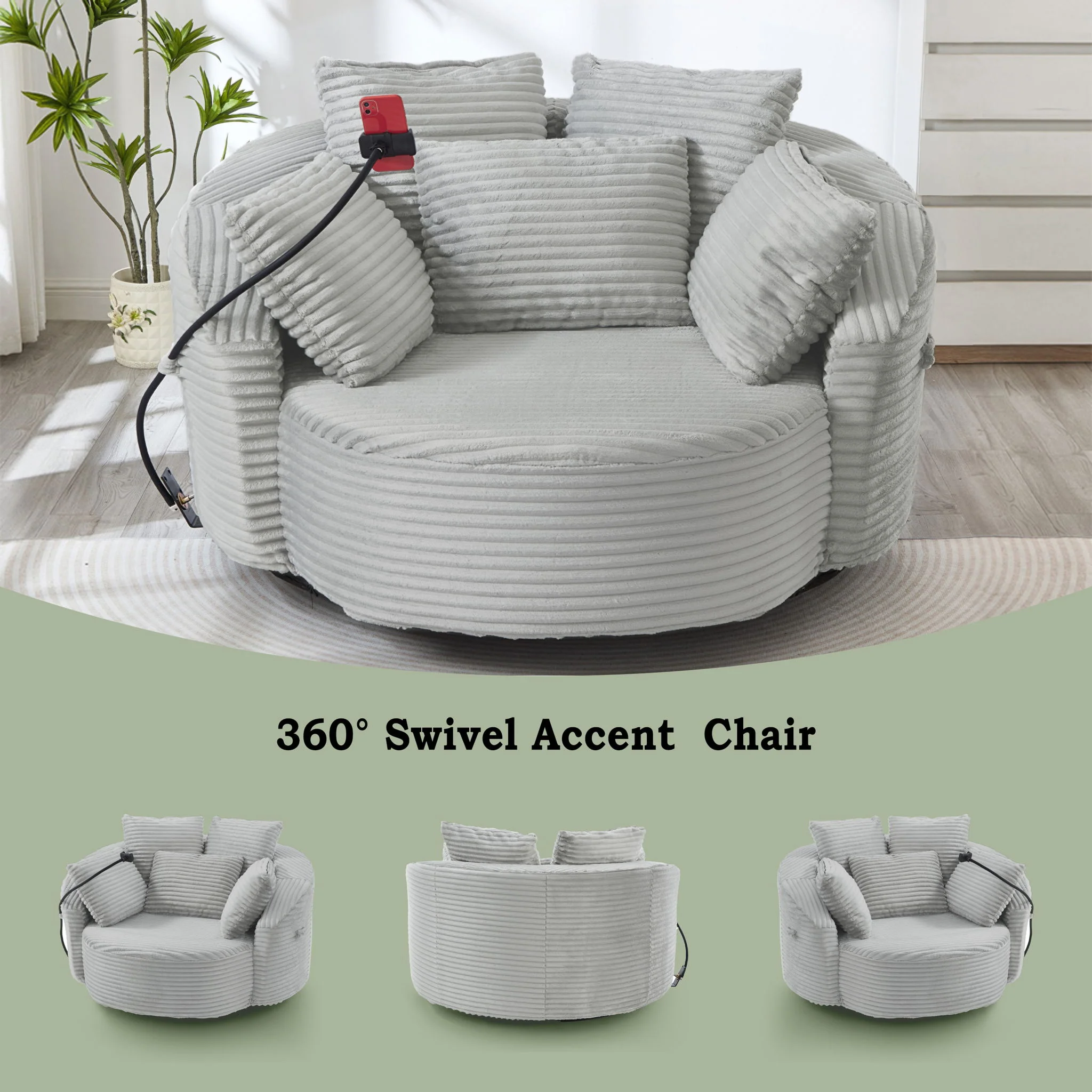 Swivel Accent Barrel Chair With Adjustable Phone Holder, 5 Pillows For Living Room - Image 24