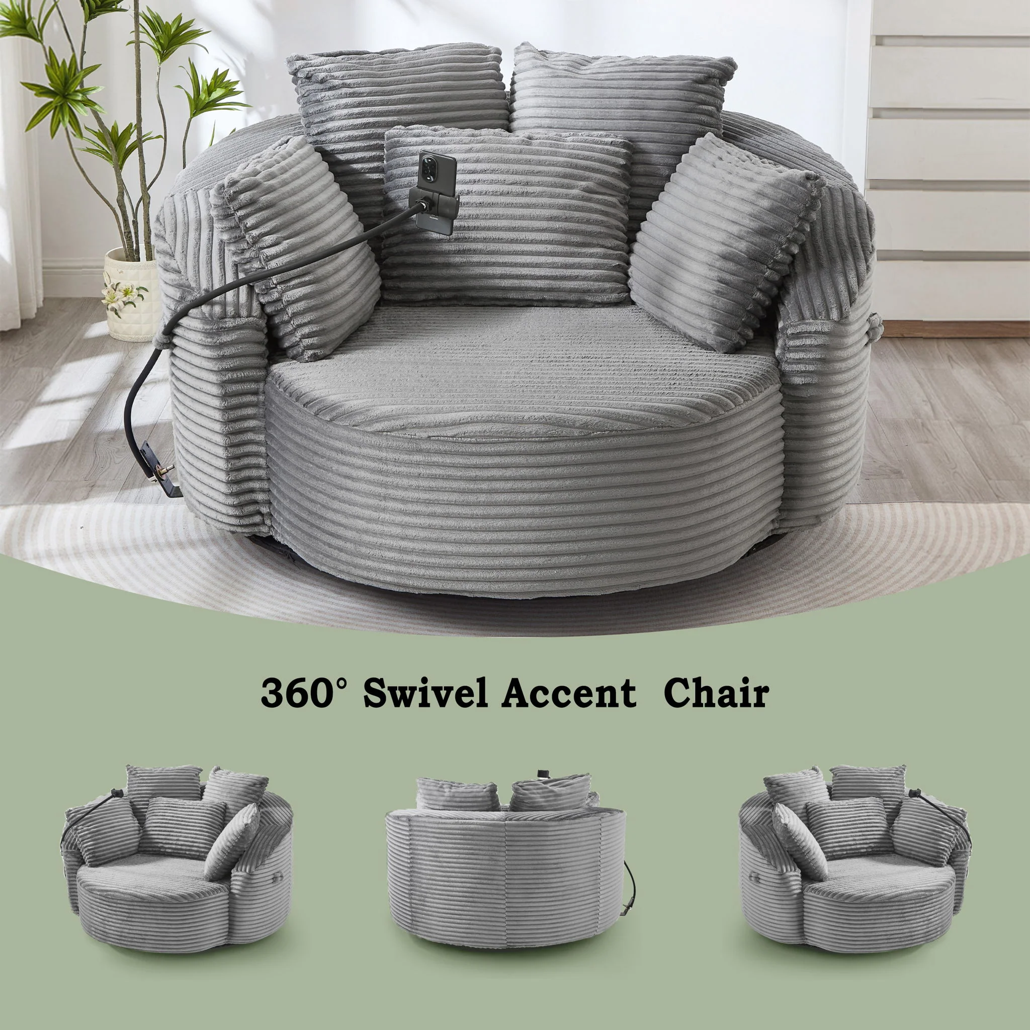 Swivel Accent Barrel Chair With Adjustable Phone Holder, 5 Pillows For Living Room - Image 30