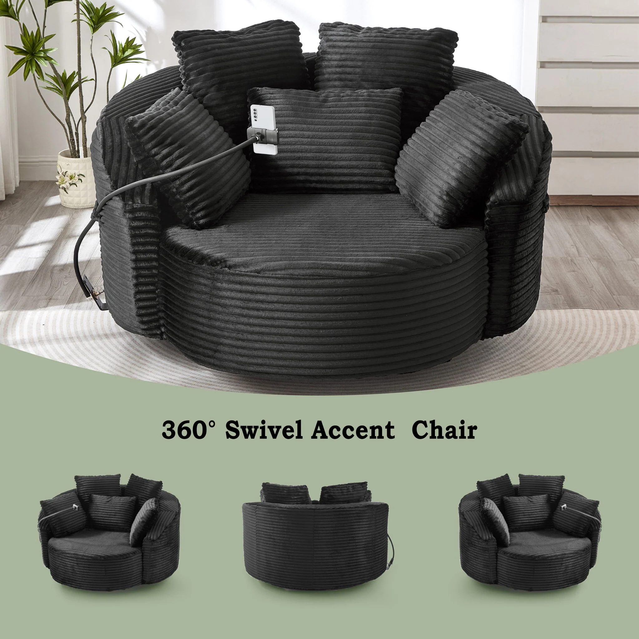 Swivel Accent Barrel Chair With Adjustable Phone Holder, 5 Pillows For Living Room - Image 31