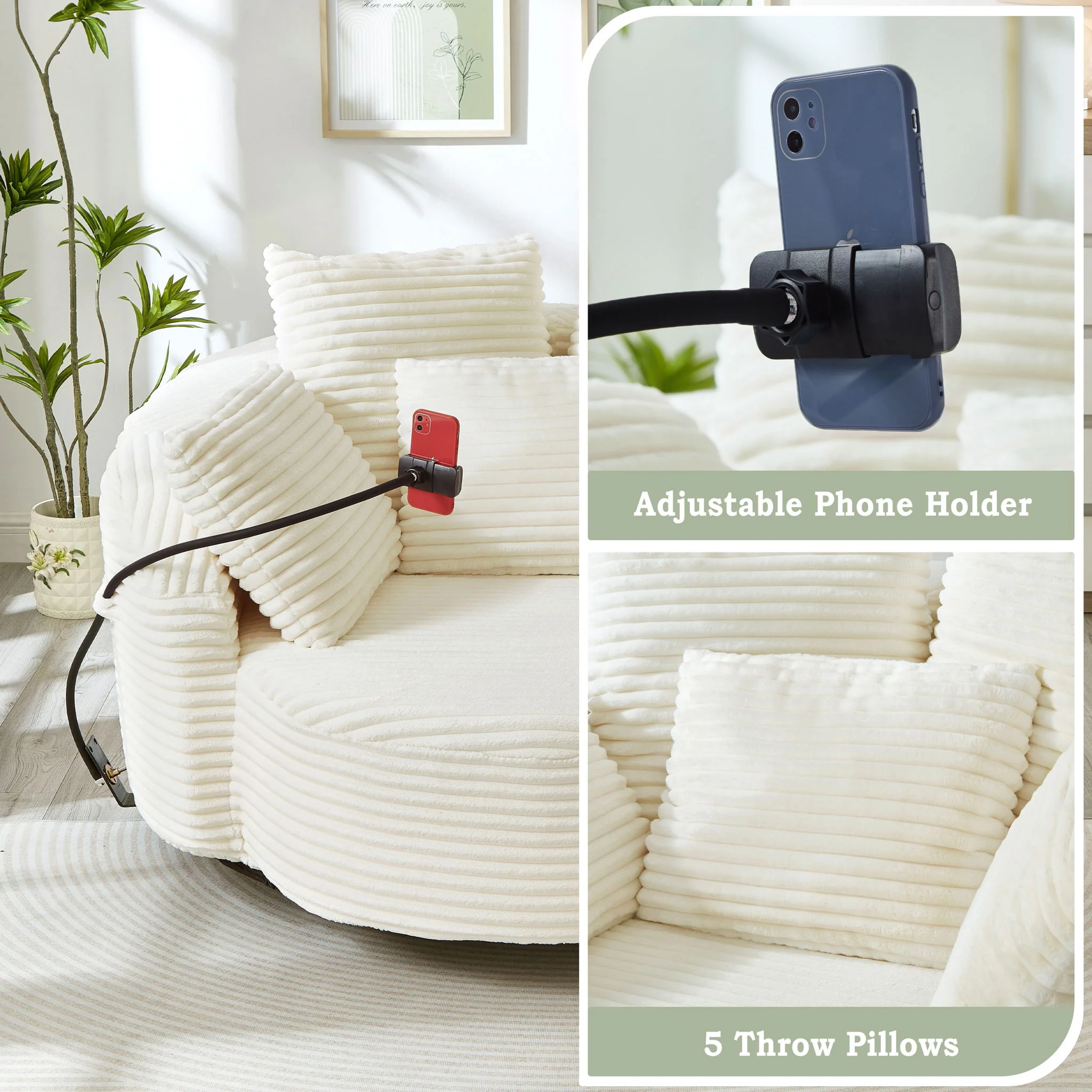 Swivel Accent Barrel Chair With Adjustable Phone Holder, 5 Pillows For Living Room - Image 37