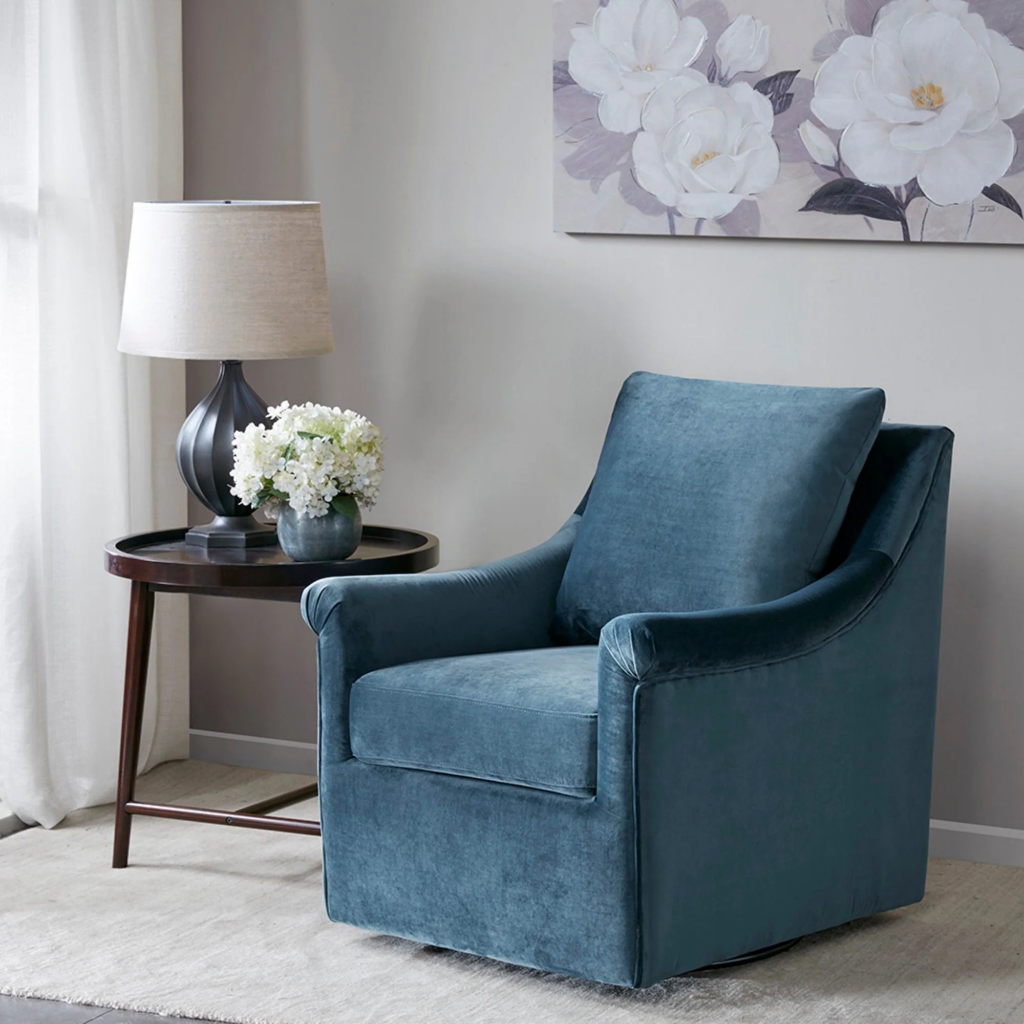 Swivel Chair With Curved Arms And Straight Back - Blue - Image 4
