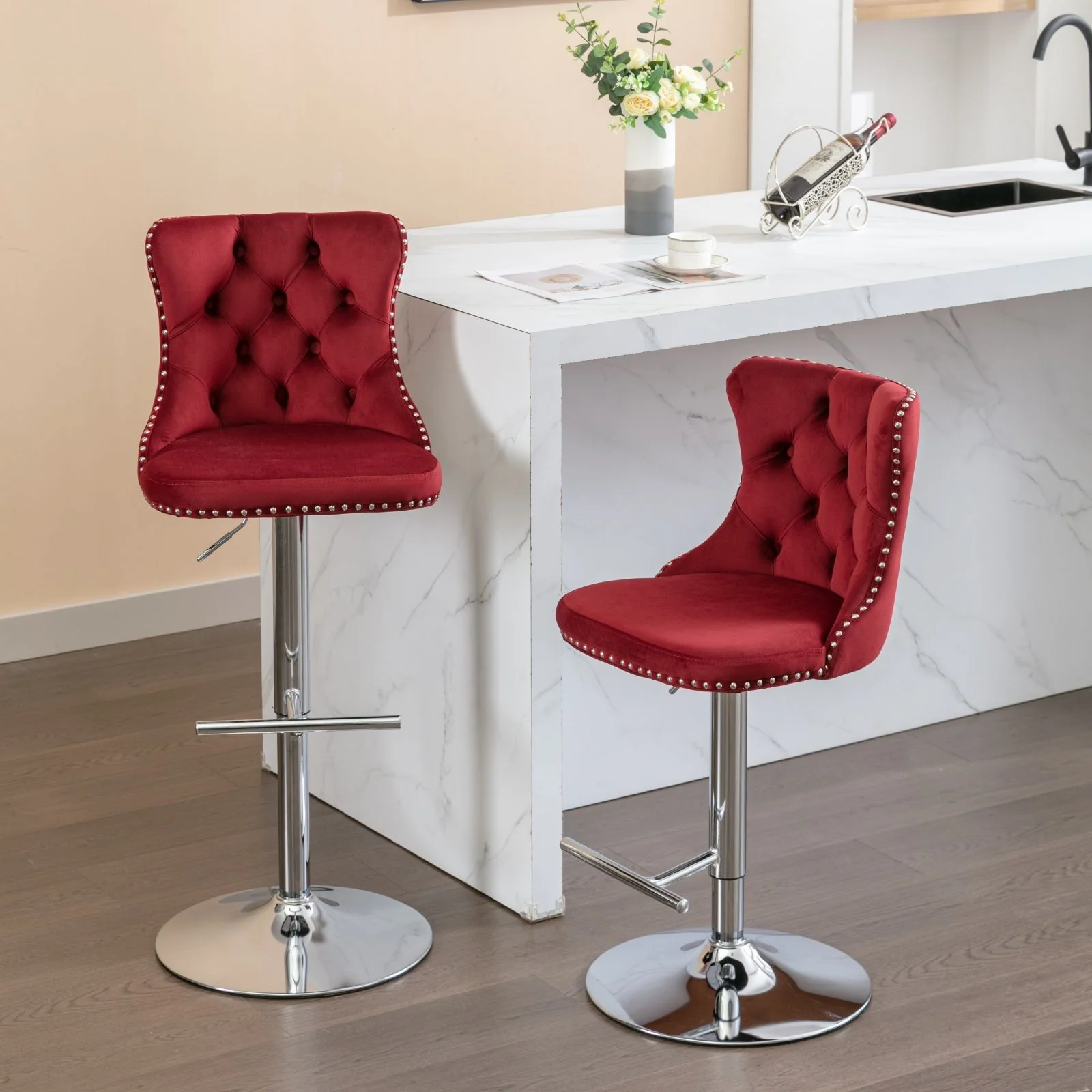 Swivel Barstools Adjusatble Seat Height From 25-33", Modern Upholstered Base Bar Stools With Backs Comfortable Tufted For Home Pub And Kitchen Island (Set of 2) - Image 24