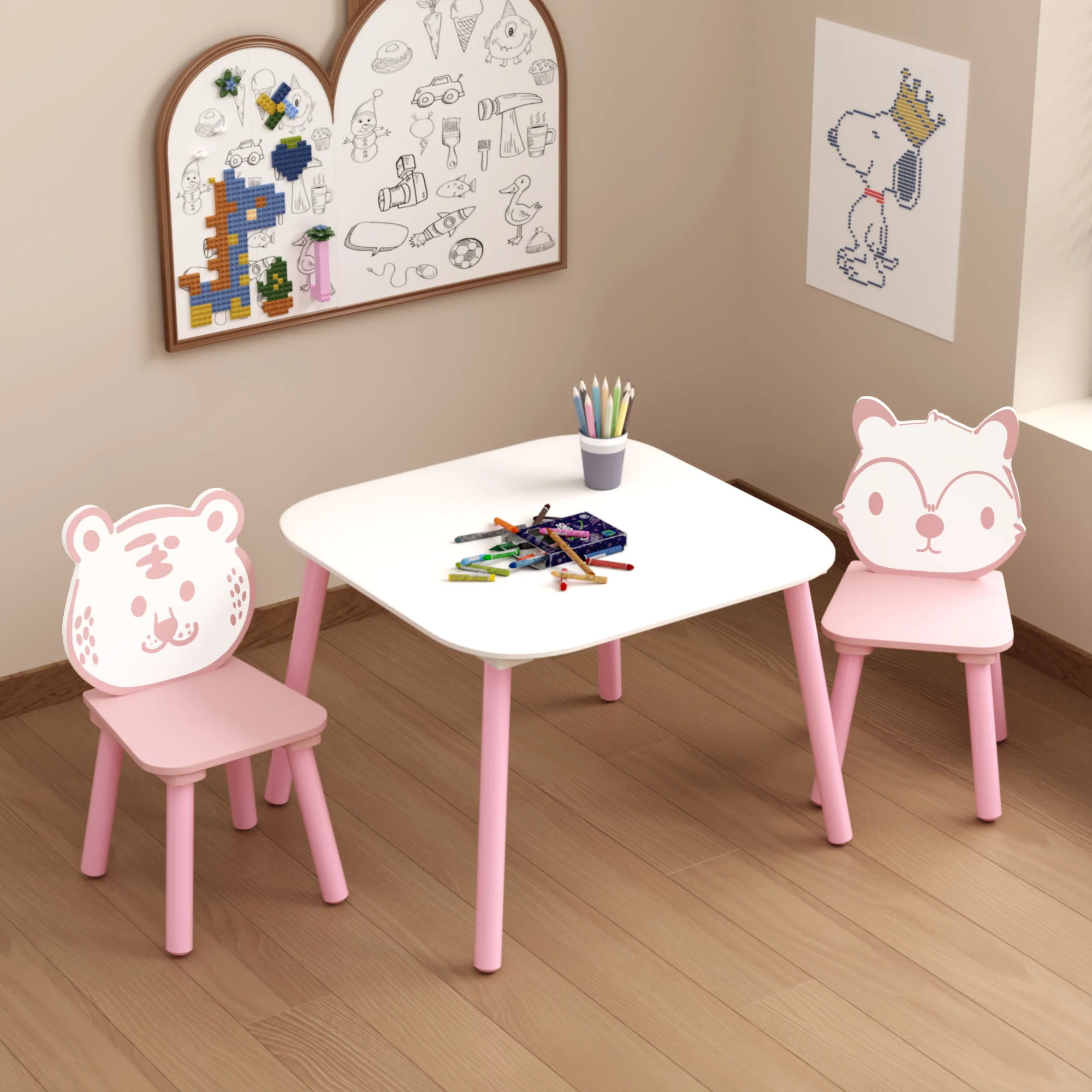 Table And Chair Set, 3 Piece Wooden Toddler Desk With Animal Backrest - Pink / White - Image 3