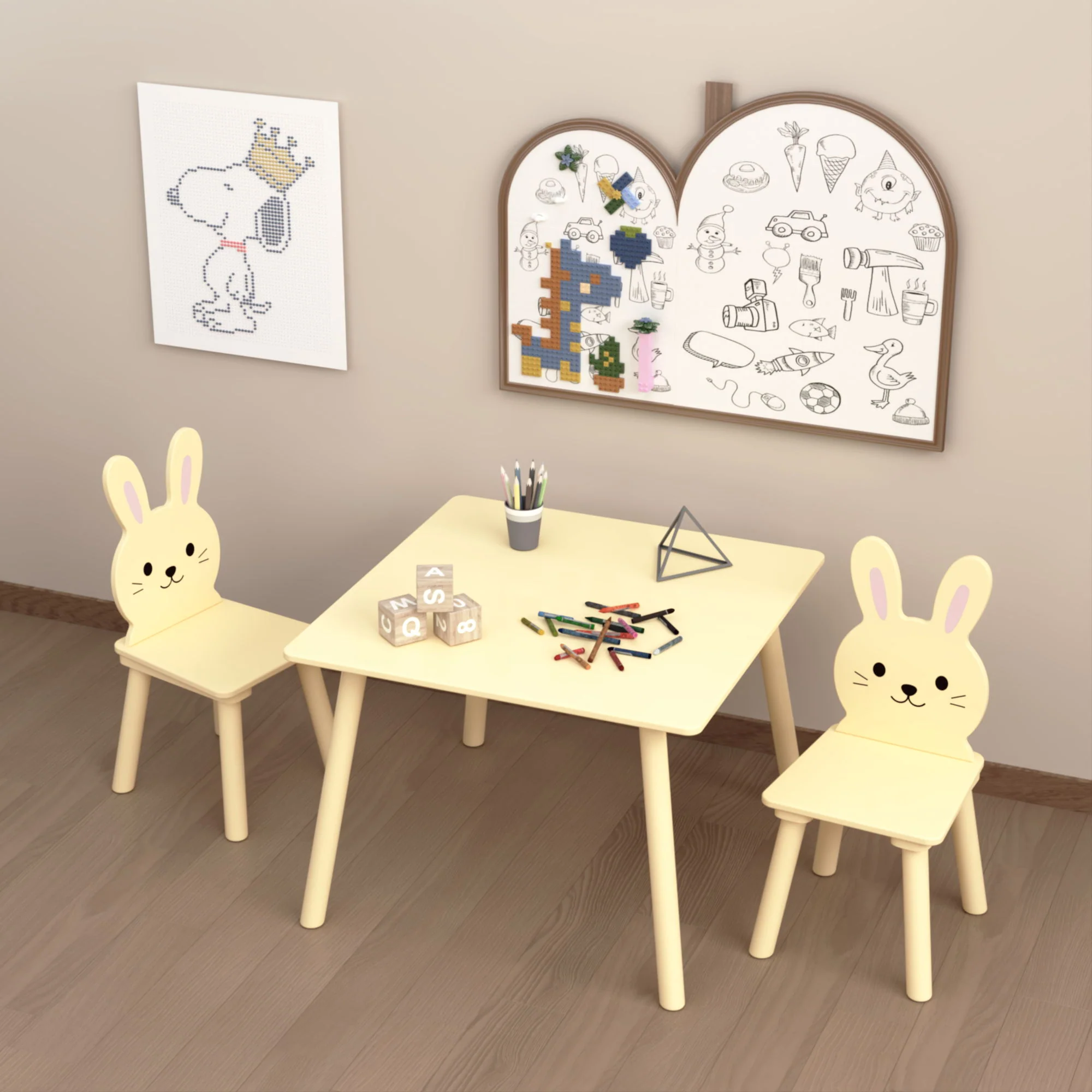 Table And Chair Set With 2 Bunny Chairs, Children's Activity Table For Toddlers, Cute Animal Design - Yellow - Image 2