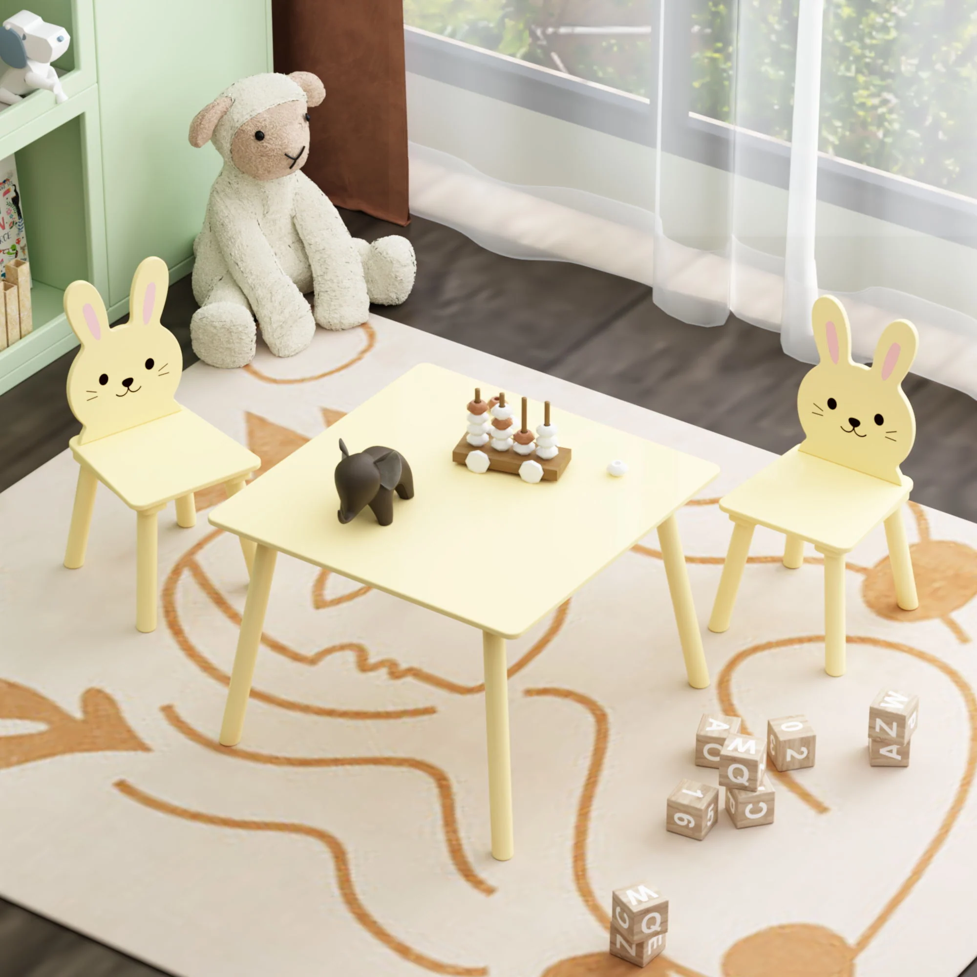 Table And Chair Set With 2 Bunny Chairs, Children's Activity Table For Toddlers, Cute Animal Design - Yellow - Image 4