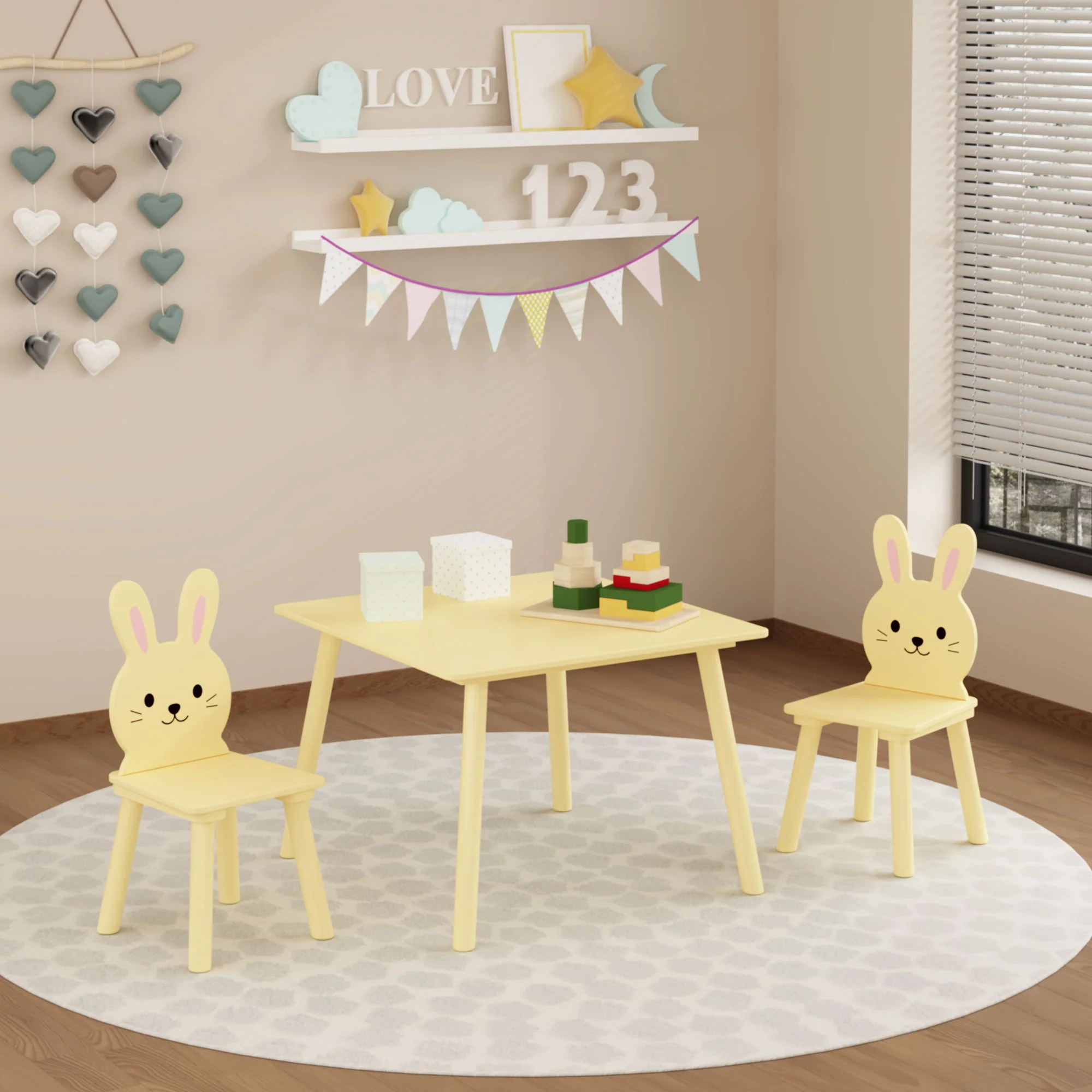 Table And Chair Set With 2 Bunny Chairs, Children's Activity Table For Toddlers, Cute Animal Design - Yellow - Image 7