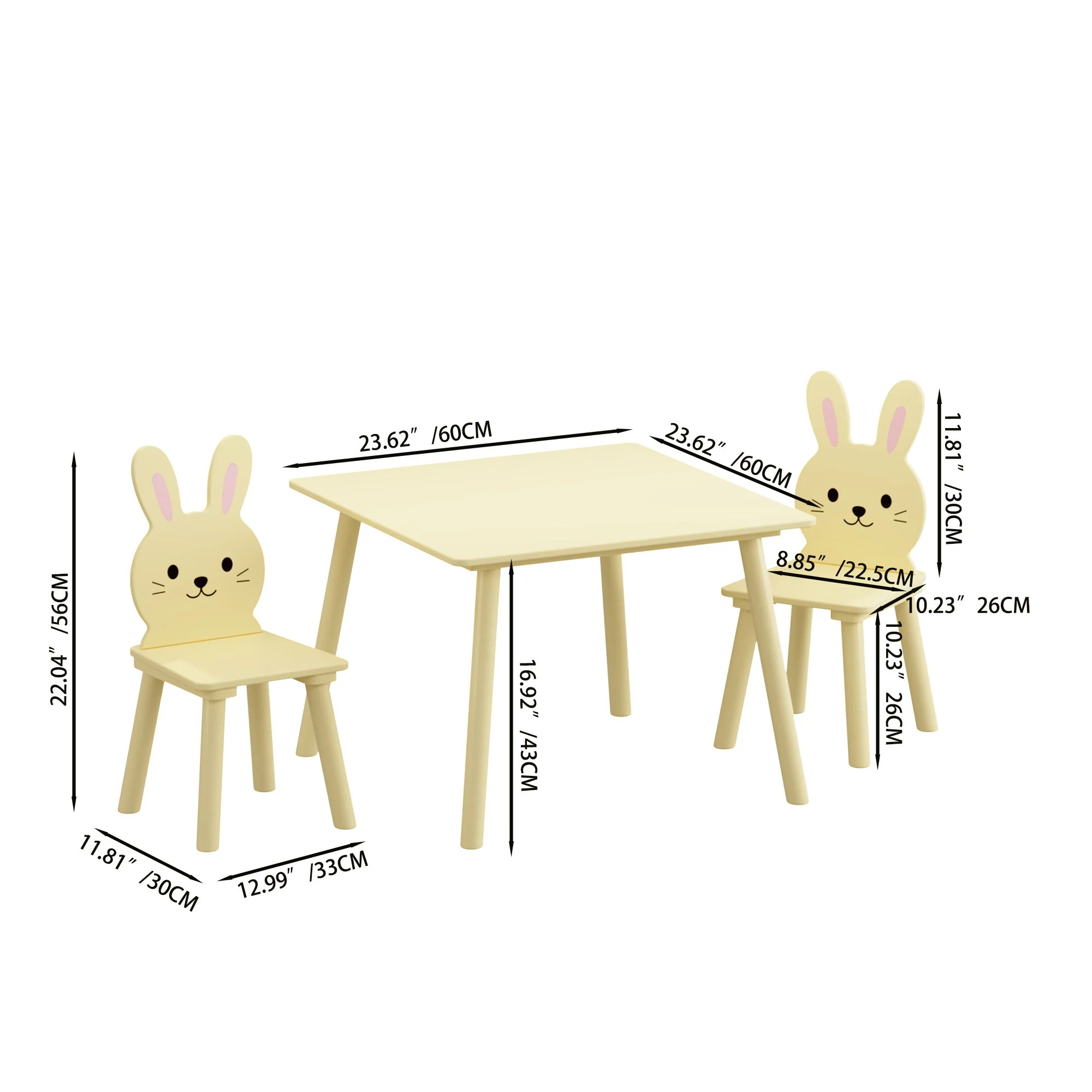 Table And Chair Set With 2 Bunny Chairs, Children's Activity Table For Toddlers, Cute Animal Design - Yellow - Image 9