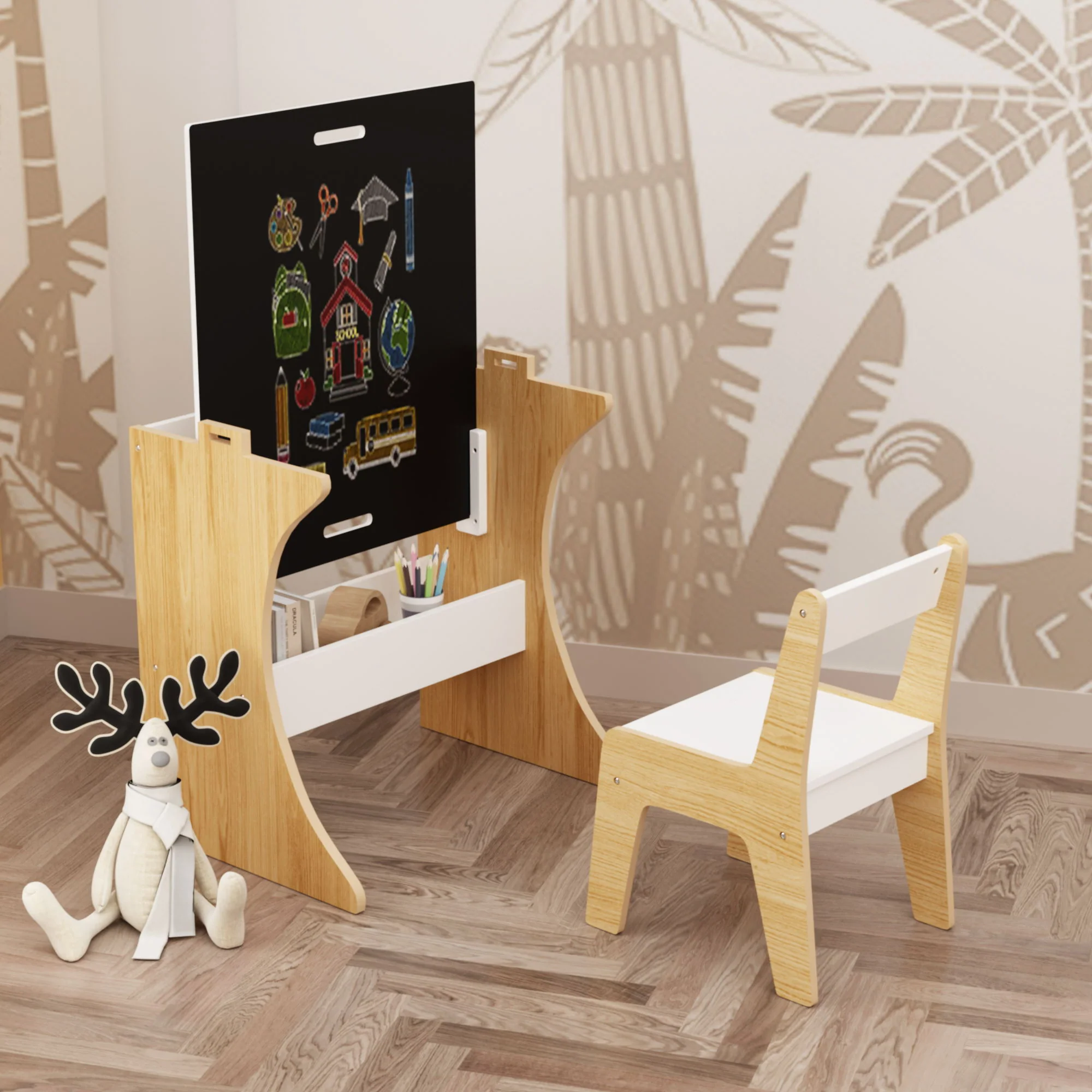 Table Set With 1 Chair, Multifunctional Study Table Convertible Top For Study Drawing & Play - White - Image 6