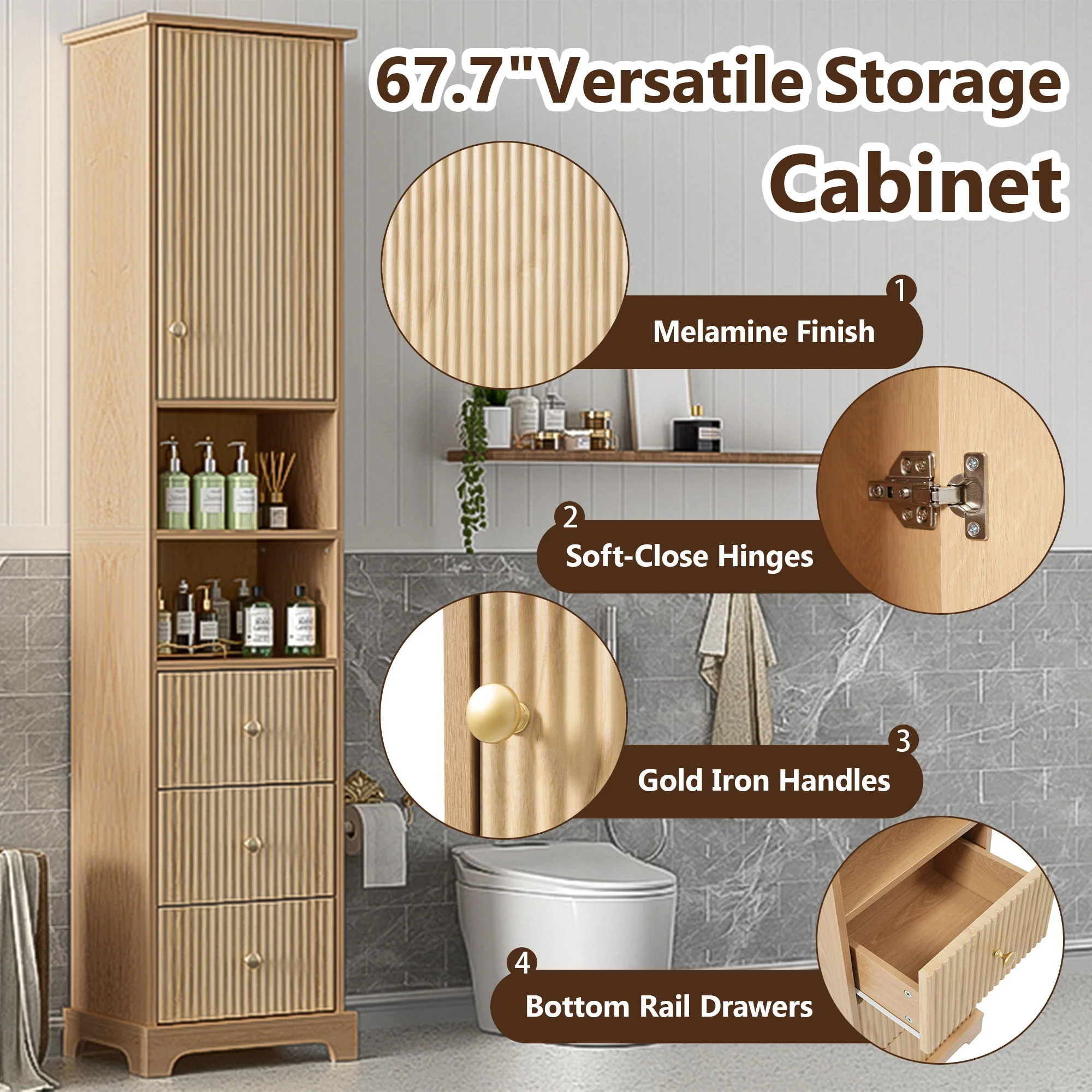 Tall Bathroom Cabinet With 1 Door, 3 Drawers, Open Storage - Wood - Image 6