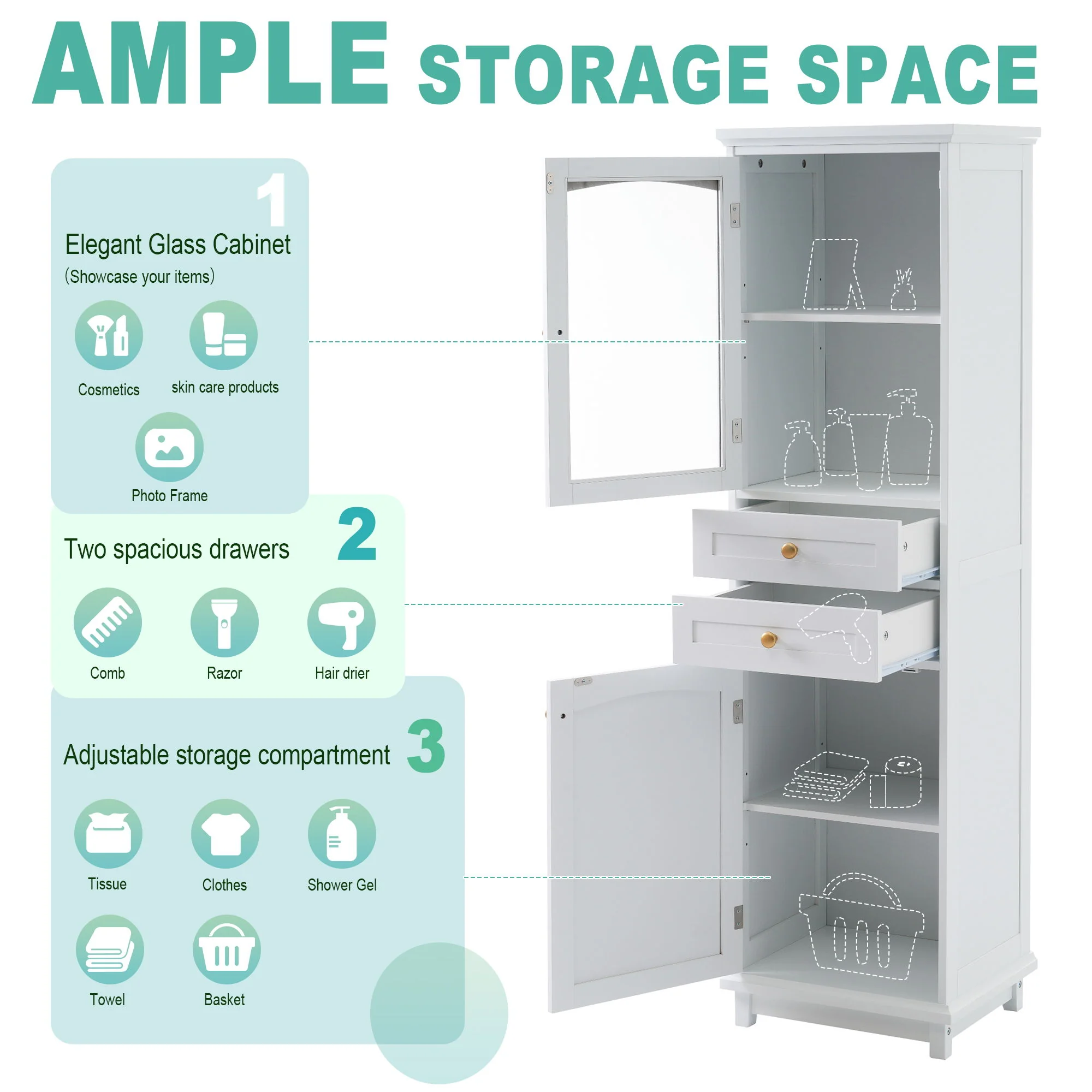 Tall Bathroom Storage Cabinet With Glass Doors, Free-Standing, Two Drawers, And Adjustable Shelves, Board, Painted Perfect For Displaying Your Favorite Items - Image 7