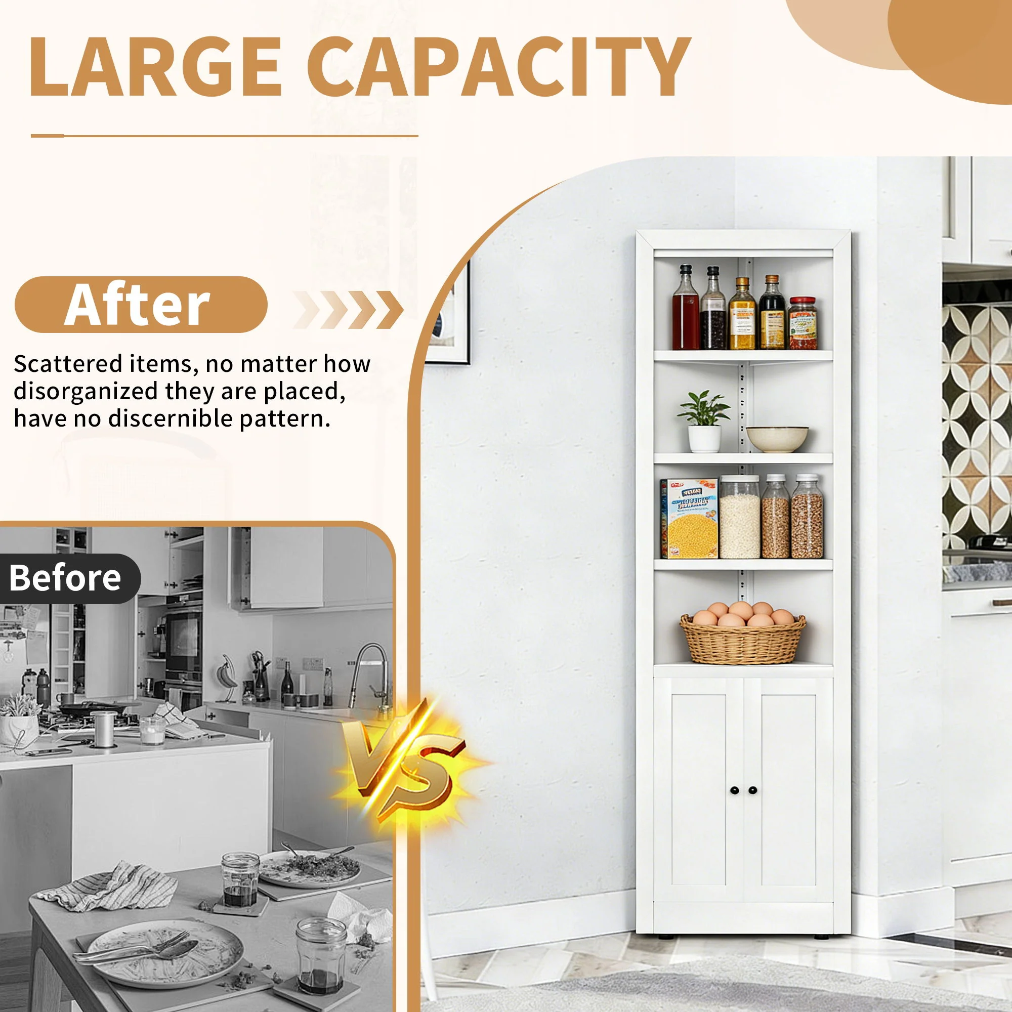 Tall Corner Storage Cabinet With 2 Doors, 5-Tier With Adjustable Shelve, Freestanding - White - Image 9