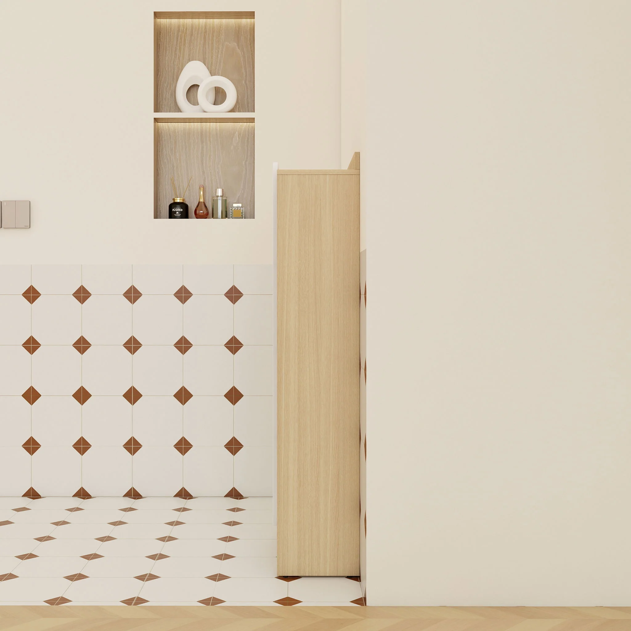 Tall Freestanding Bathroom Side Cabinet With Single Door & 4 Tier Open Shelves - Black / Light Oak / White - Image 7