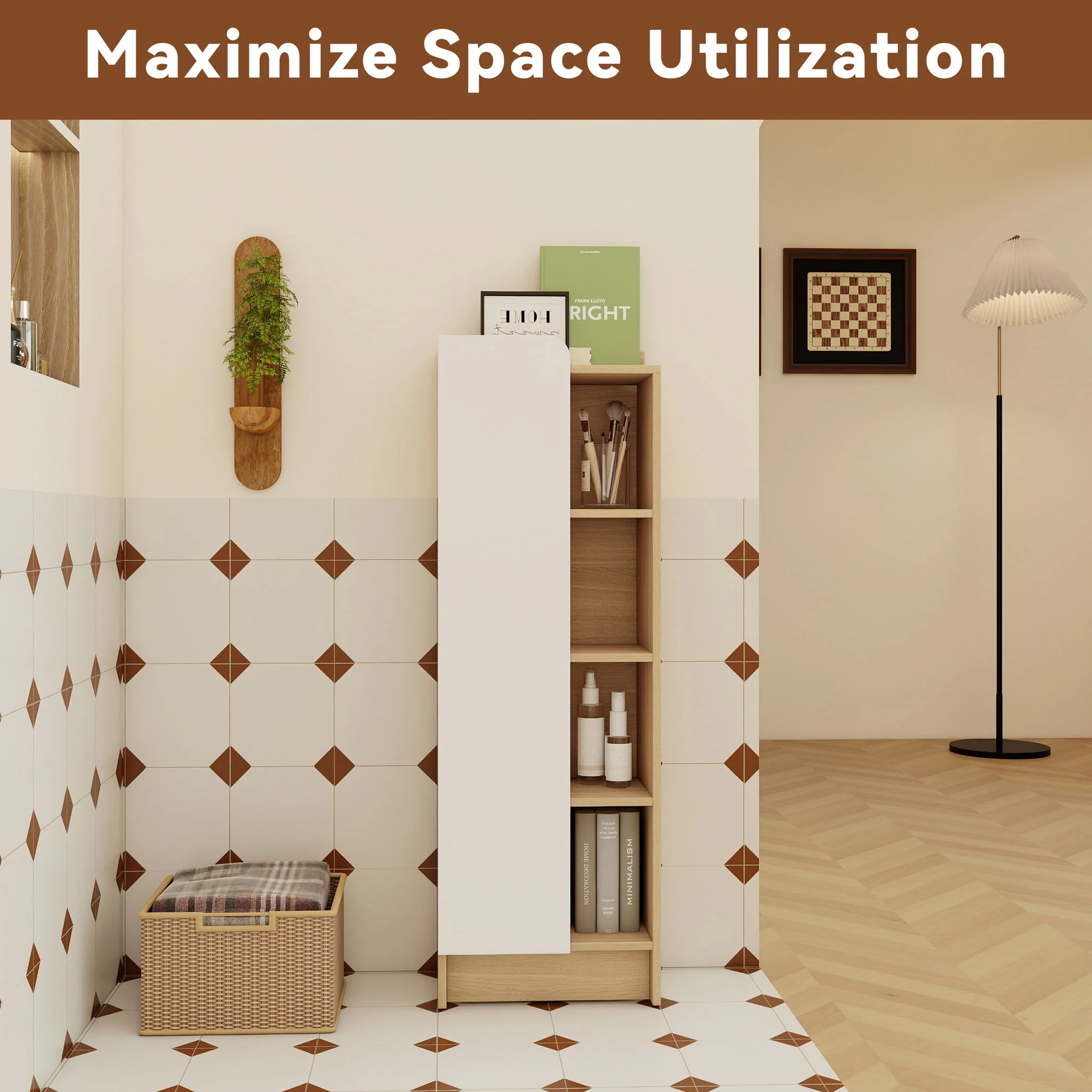 Tall Freestanding Bathroom Side Cabinet With Single Door & 4 Tier Open Shelves - Black / Light Oak / White - Image 8