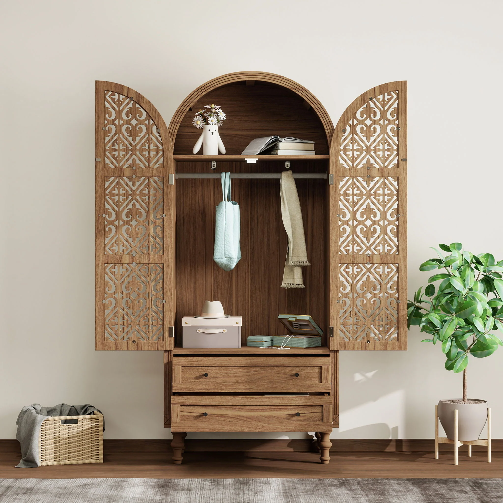 Tall Kitchen Pantry Cabinet With Hollow Carved Doors 2 Drawers And Adjustable Shelves Storage Display Cabinet For Kitchen Dining Room Or Living Room - Walnut - Image 4