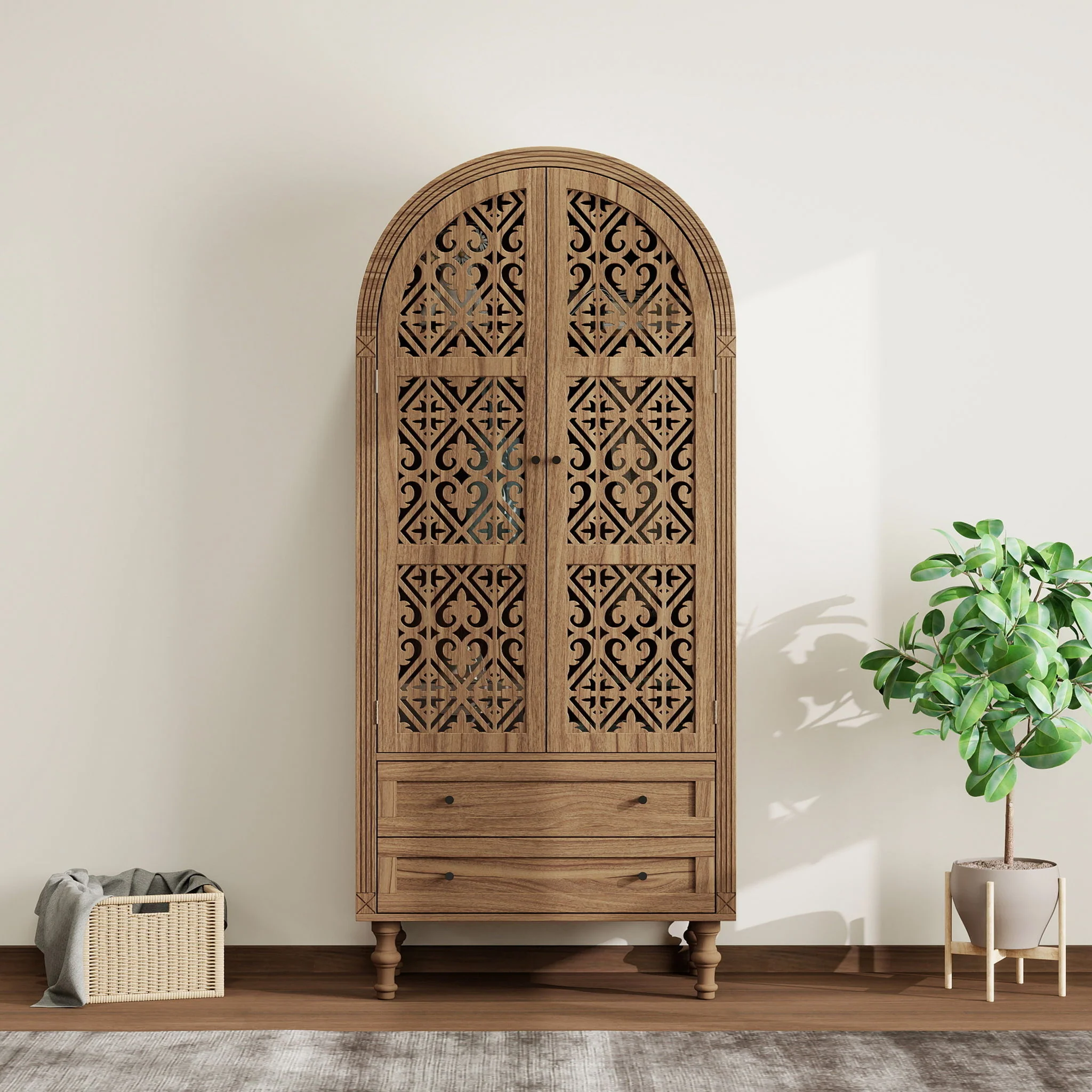 Tall Kitchen Pantry Cabinet With Hollow Carved Doors 2 Drawers And Adjustable Shelves Storage Display Cabinet For Kitchen Dining Room Or Living Room - Walnut - Image 5