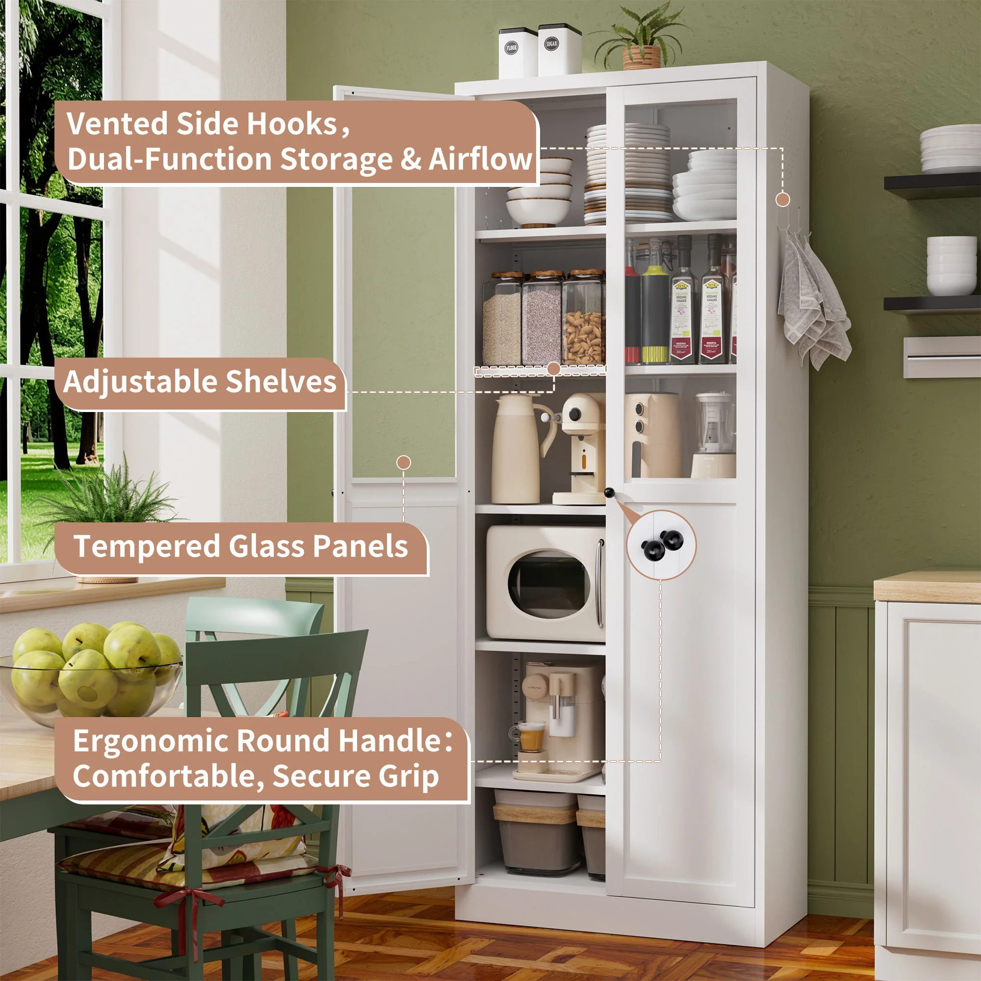 Tall Metal Kitchen Pantry Cabinet With Adjustable Shelves And Silent Magnetic Doors - White - Image 3