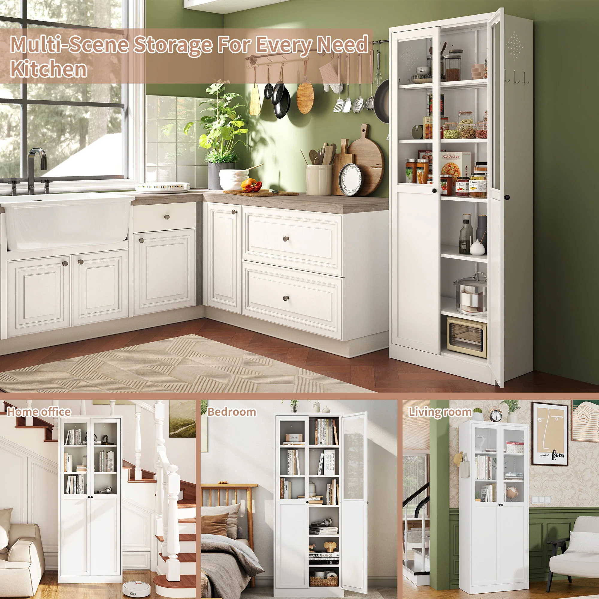 Tall Metal Kitchen Pantry Cabinet With Adjustable Shelves And Silent Magnetic Doors - White - Image 7