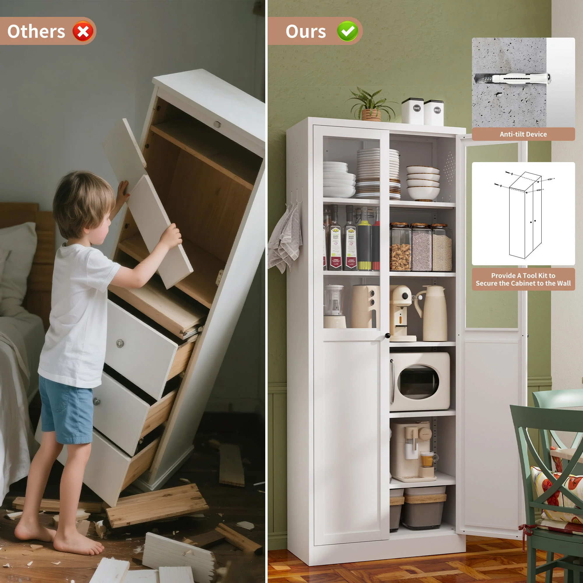 Tall Metal Kitchen Pantry Cabinet With Adjustable Shelves And Silent Magnetic Doors - White - Image 9
