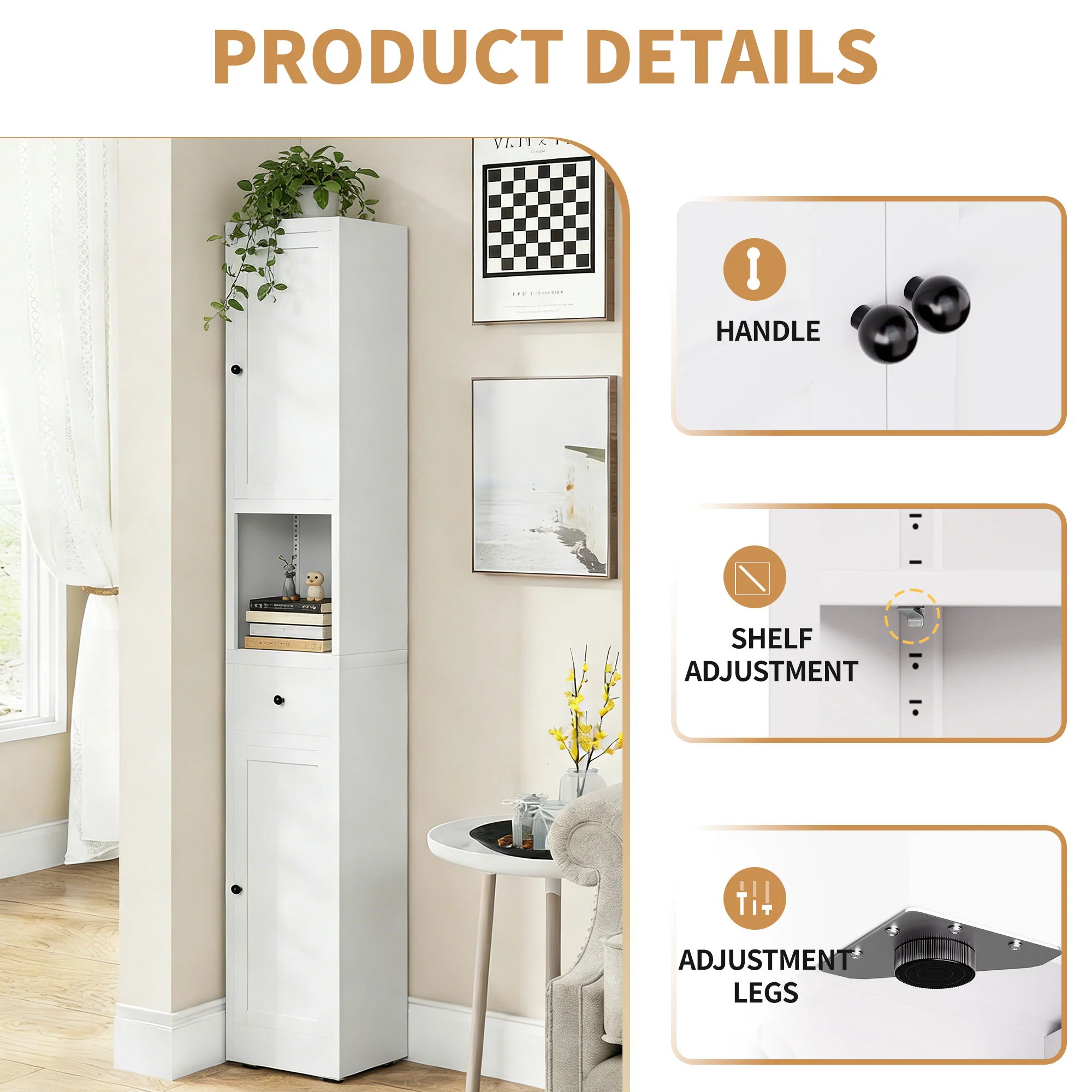 Tall Narrow Bathroom Cabinet With 5-Tier Storage, Adjustable Shelves, Freestanding - White - Image 6