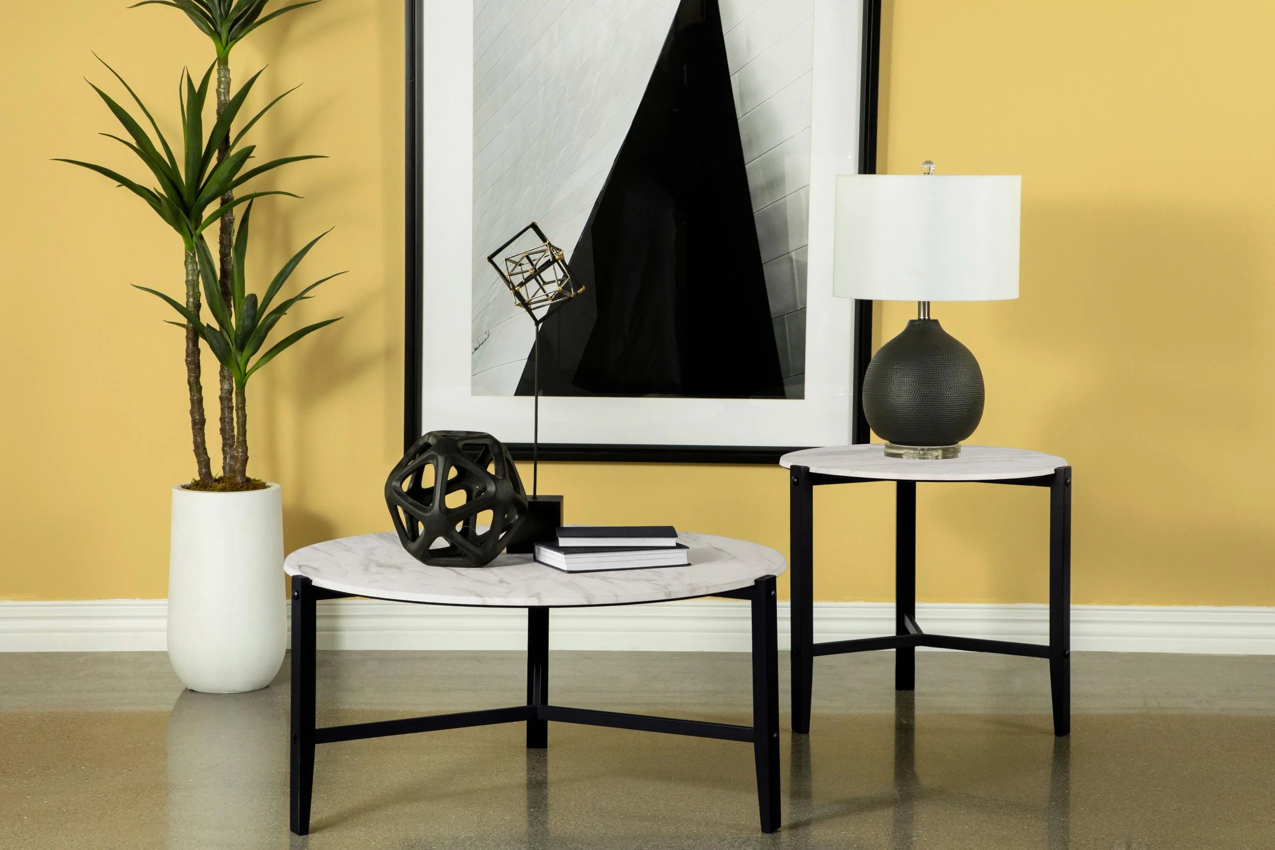 Tandi Round Faux Marble Coffee Table, White and Black - Image 11