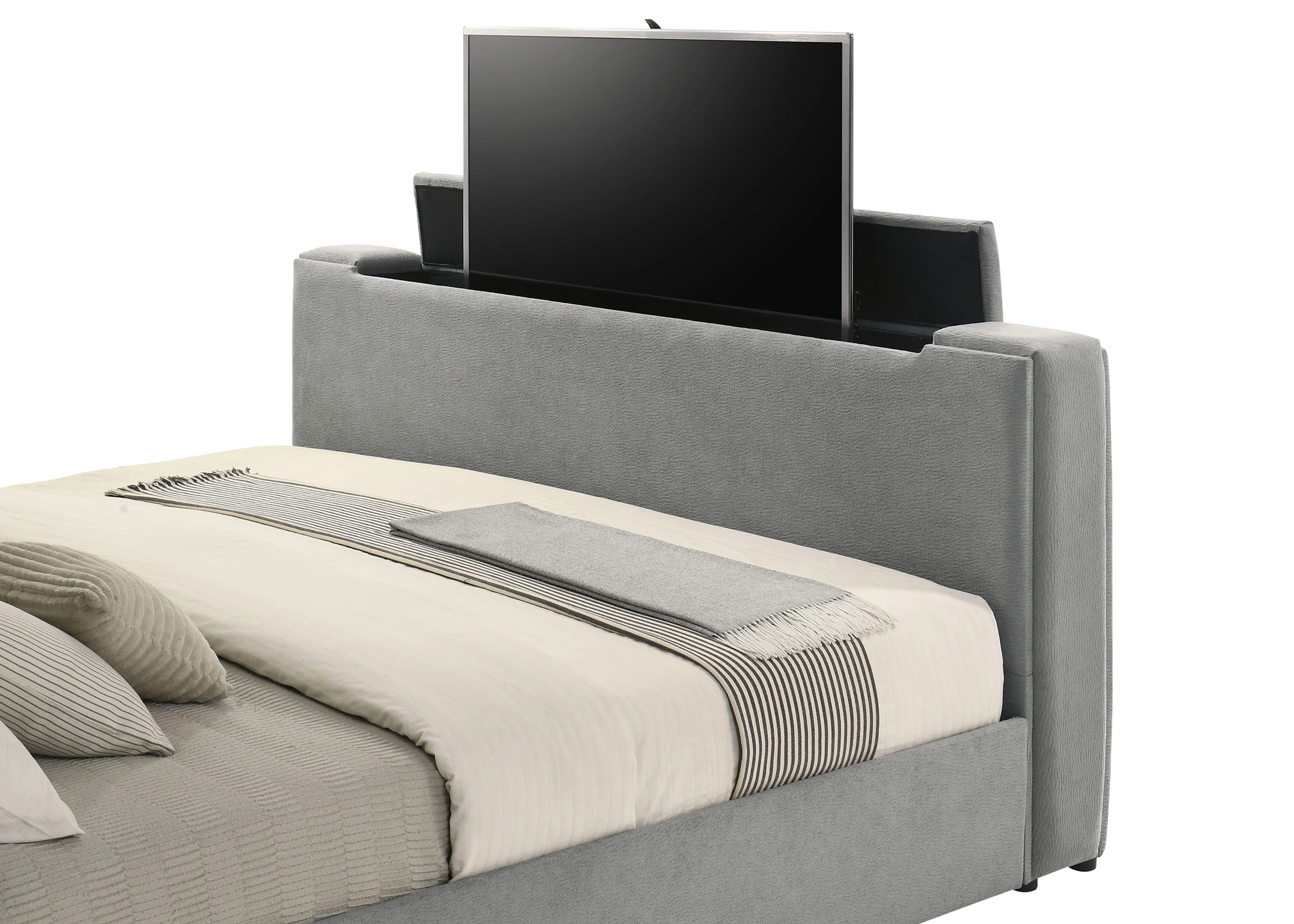 Tara 61-Inch Upholstered Eastern King Panel TV Bed, Grey - Image 11