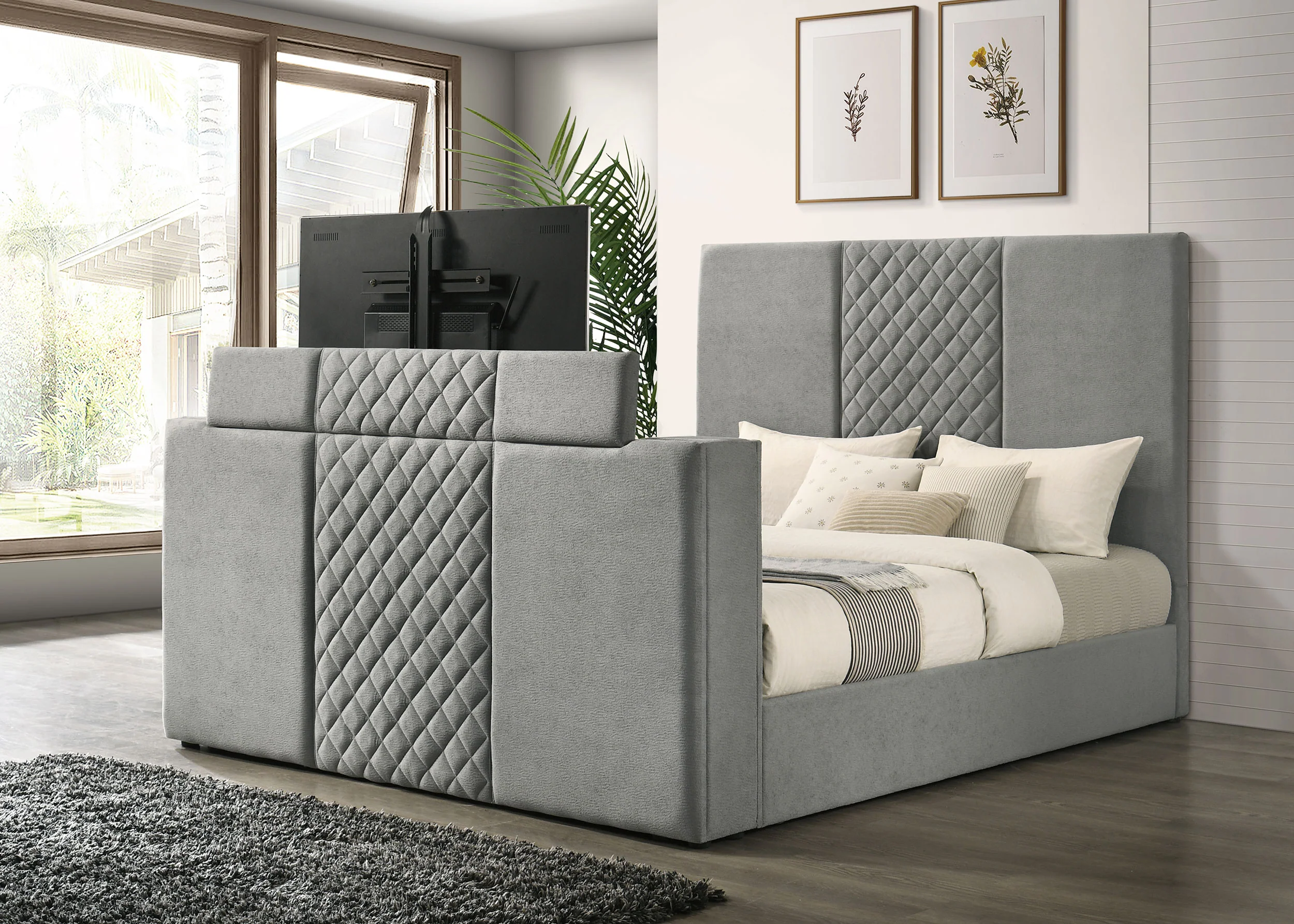 Tara 61-Inch Upholstered Eastern King Panel TV Bed, Grey - Image 4