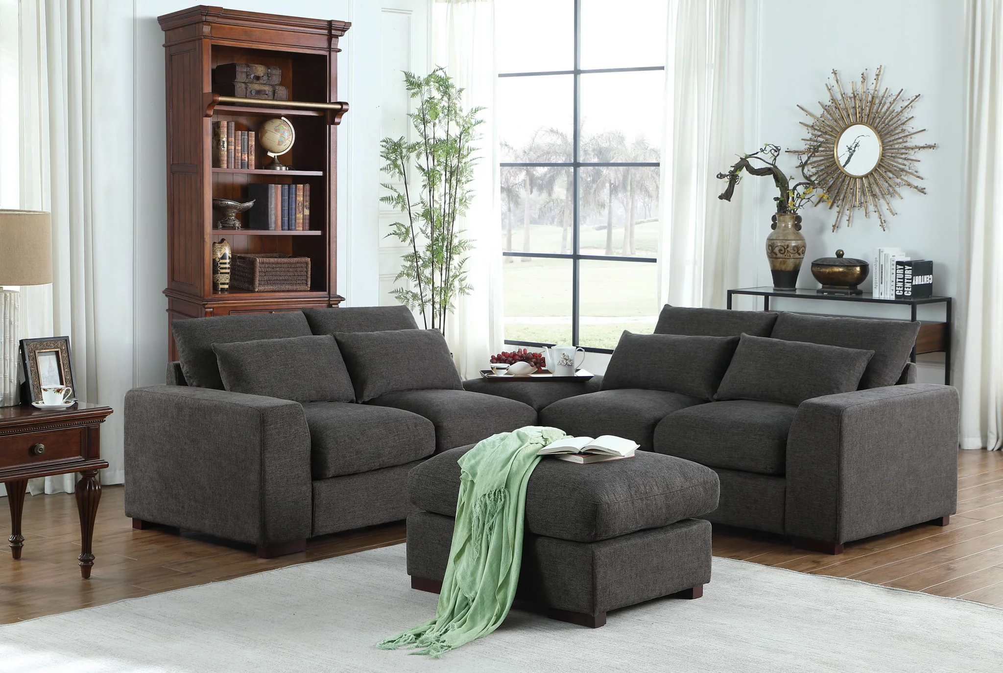 Tatman - Linen Blend Sectional With 2 Ottomans - Dark Gray - Image 5
